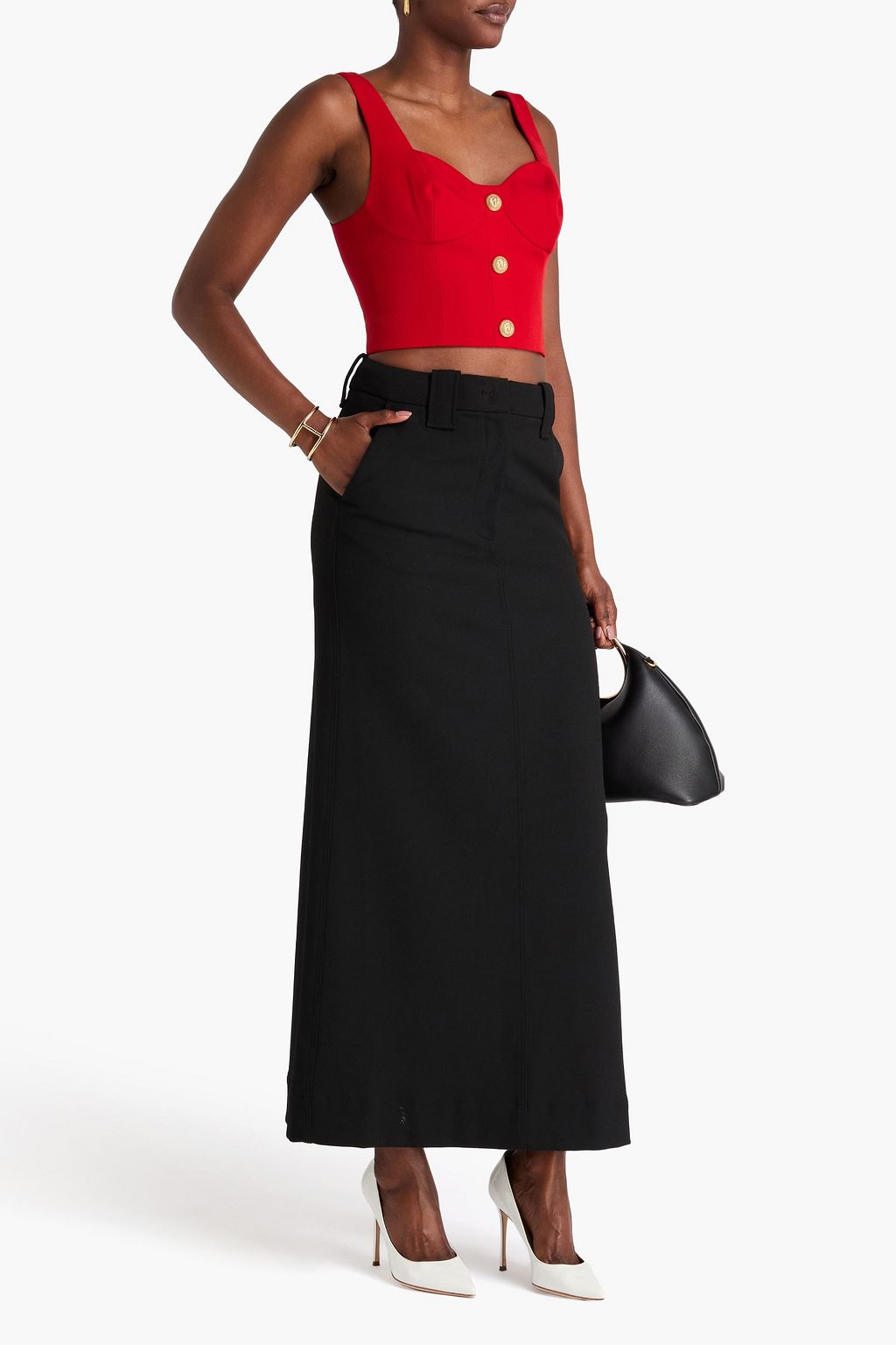 BALMAIN Cropped embellished grain de poudre wool bustier top