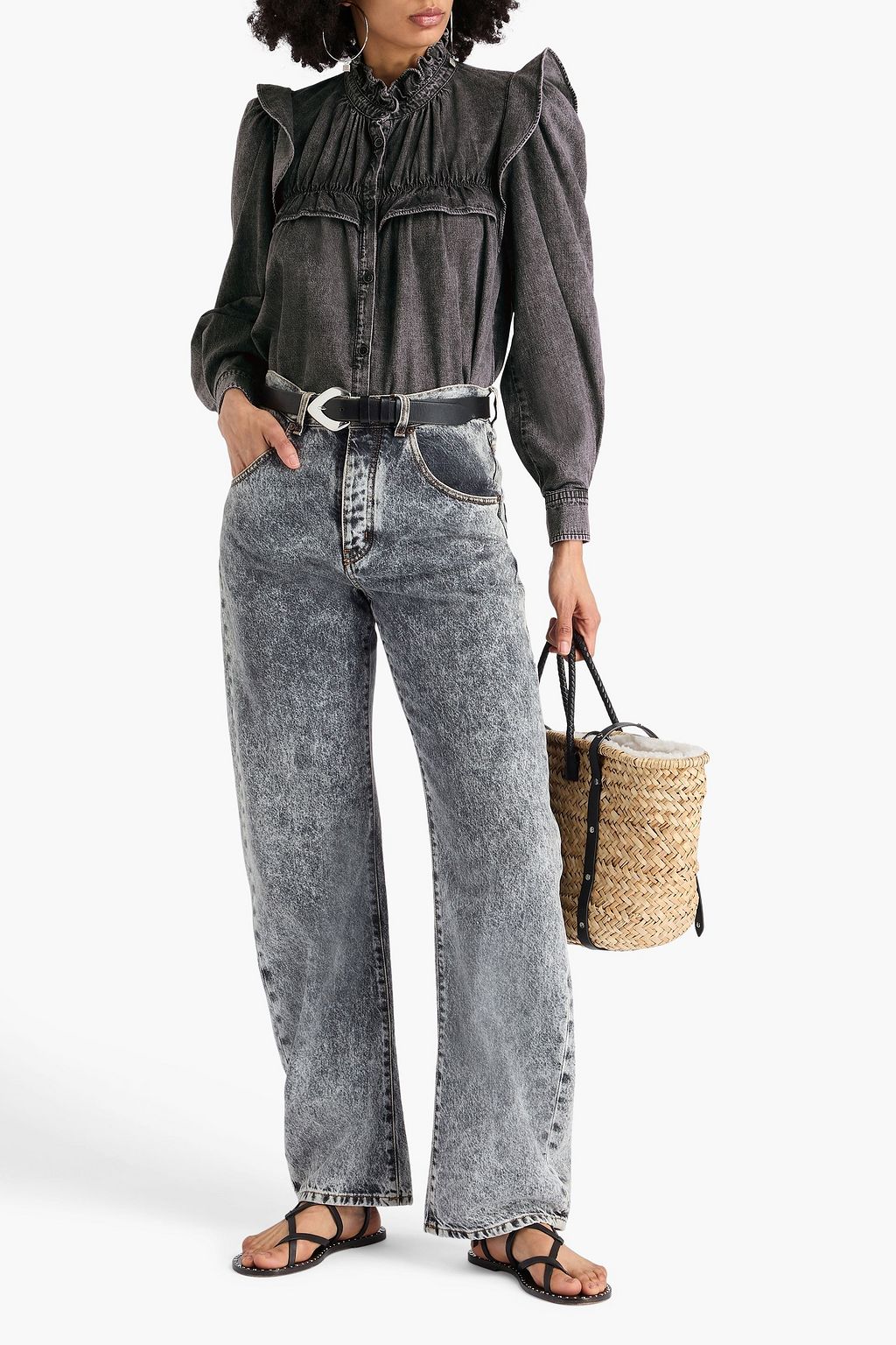 MARANT ÉTOILE Idety ruffled acid-wash denim blouse