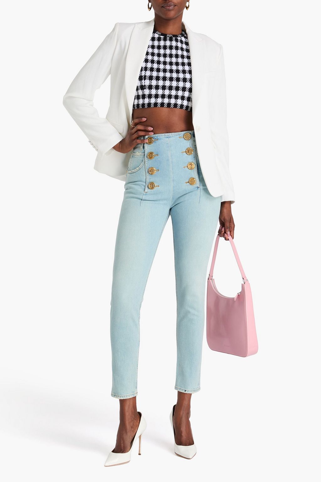 BALMAIN Distressed high-rise slim-leg jeans