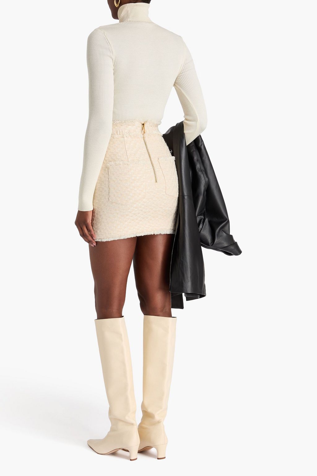 BALMAIN Fringed metallic cotton-blend tweed mini skirt