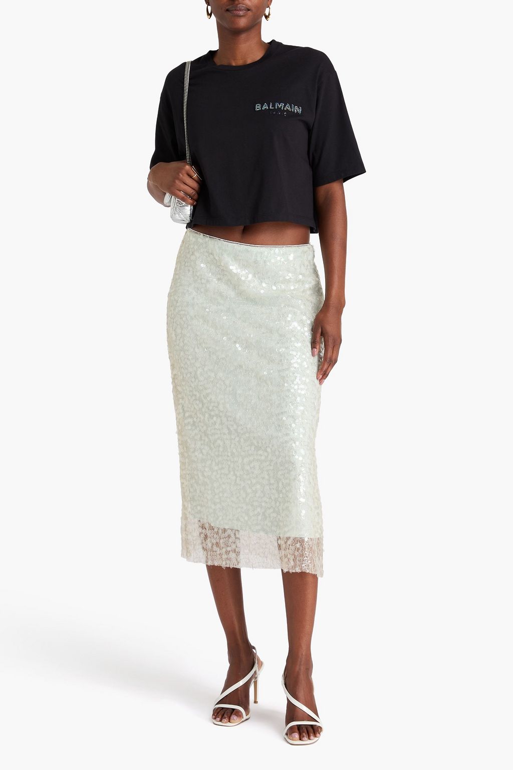 BALMAIN Cropped embellished cotton-jersey T-shirt