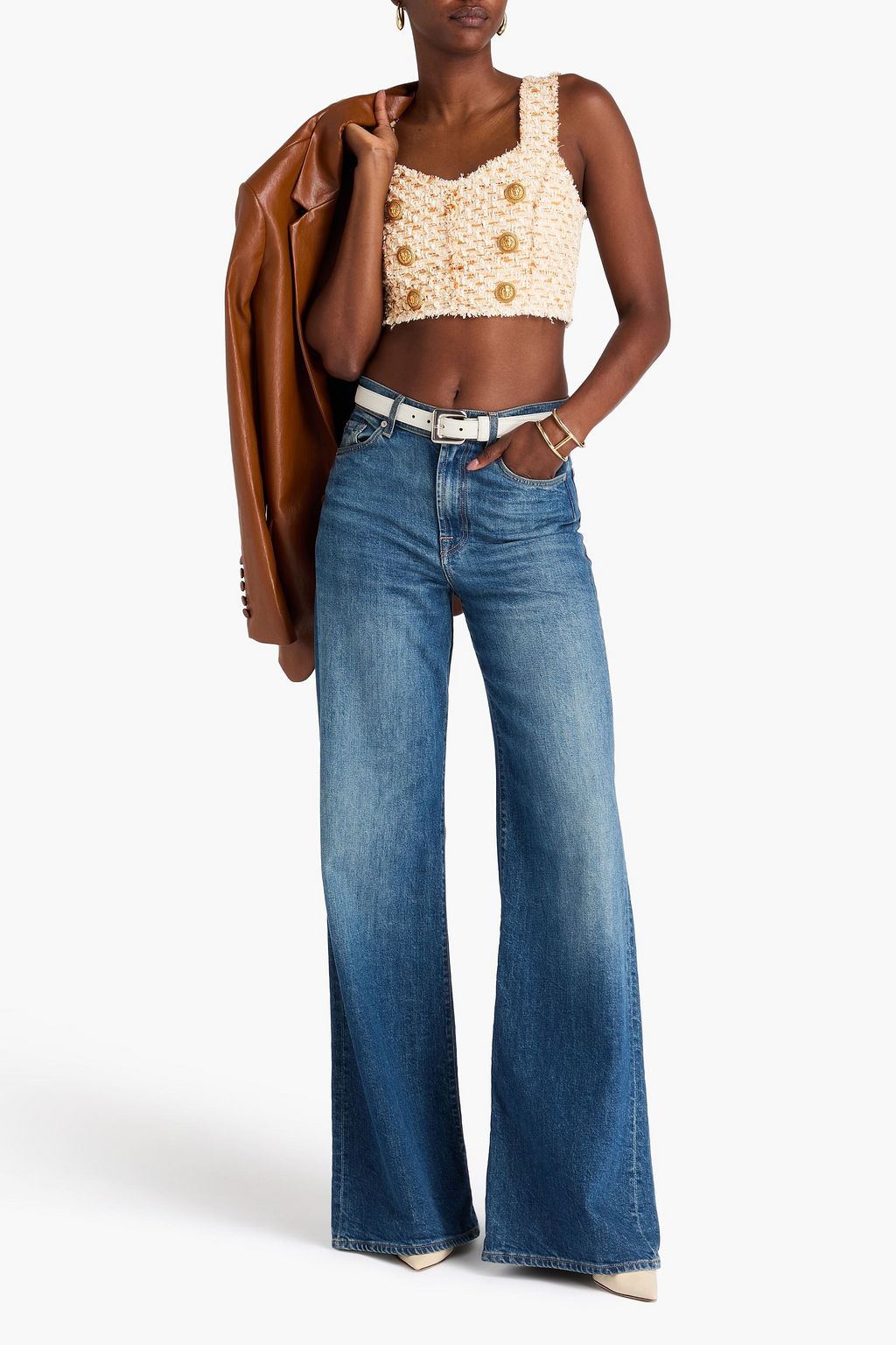 BALMAIN Cropped embellished tweed top