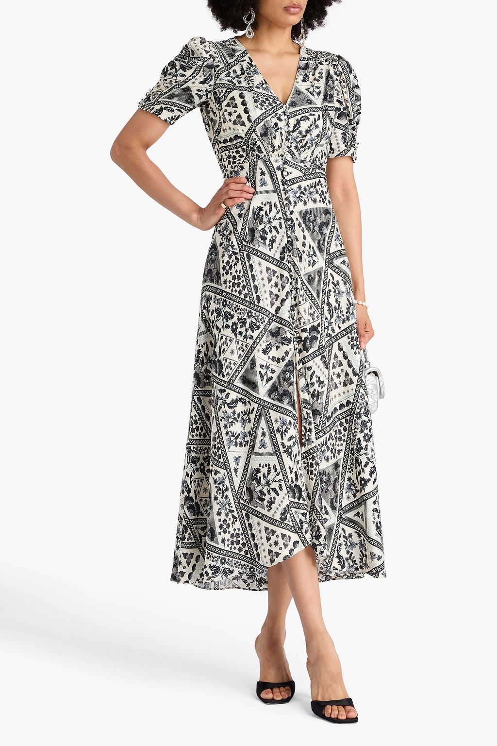 SALONI Maxikleid „Lea“ aus glänzendem Seiden-Jacquard mit Print