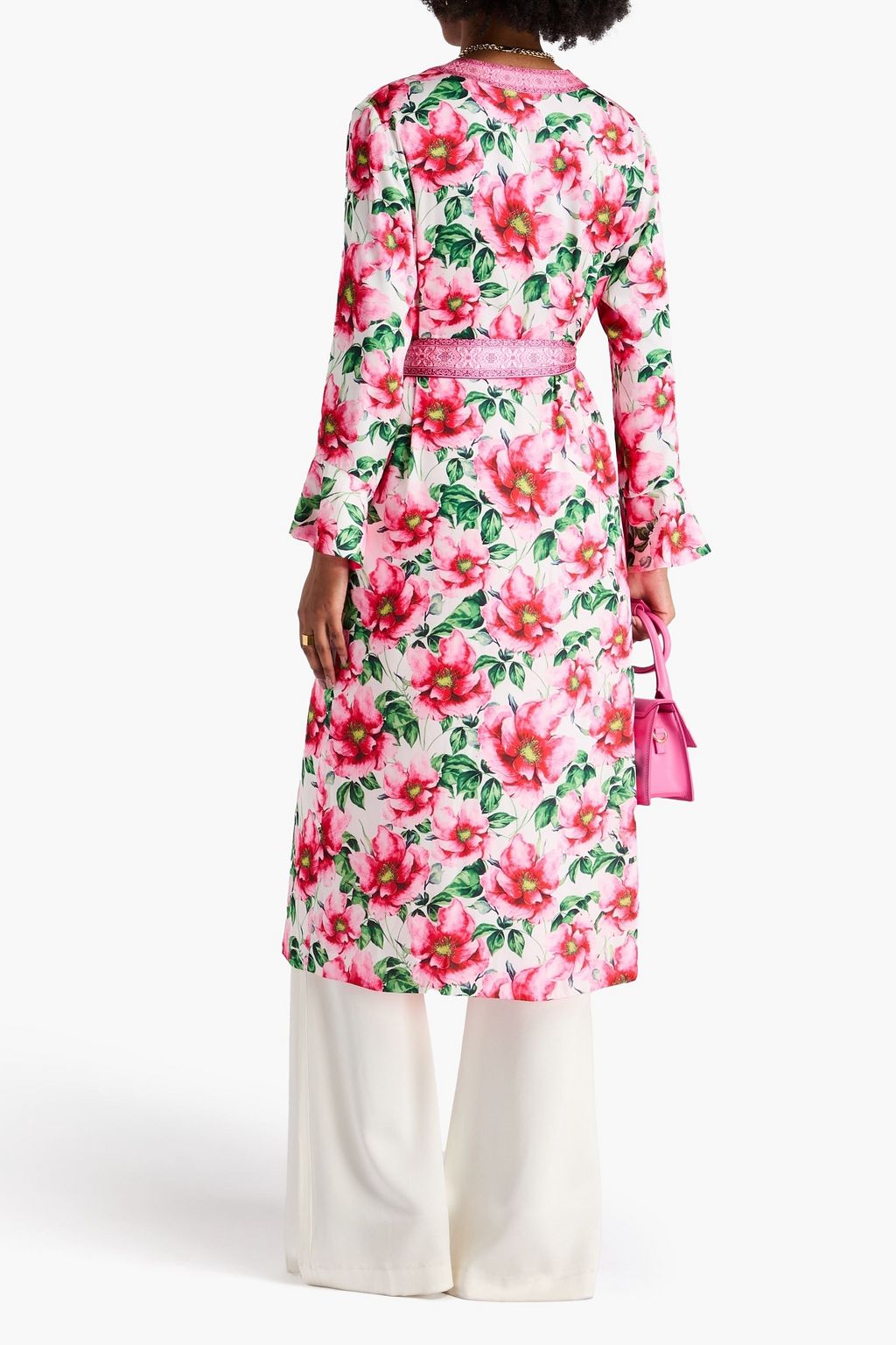ALICE + OLIVIA روب "جون" من الساتان مزين بطبعة الأزهار ويمكن ارتداؤه على الوجهين