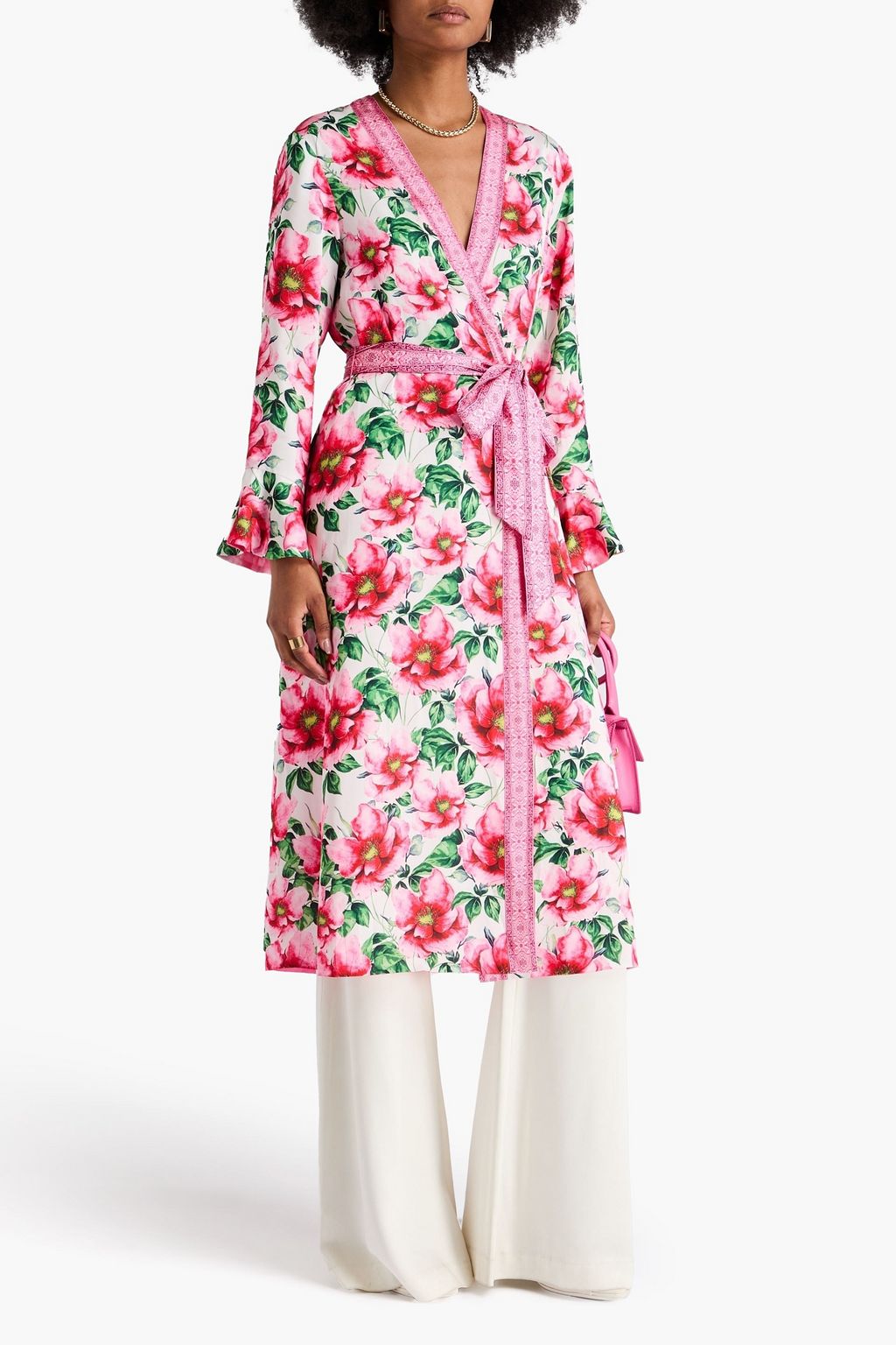 ALICE + OLIVIA روب "جون" من الساتان مزين بطبعة الأزهار ويمكن ارتداؤه على الوجهين