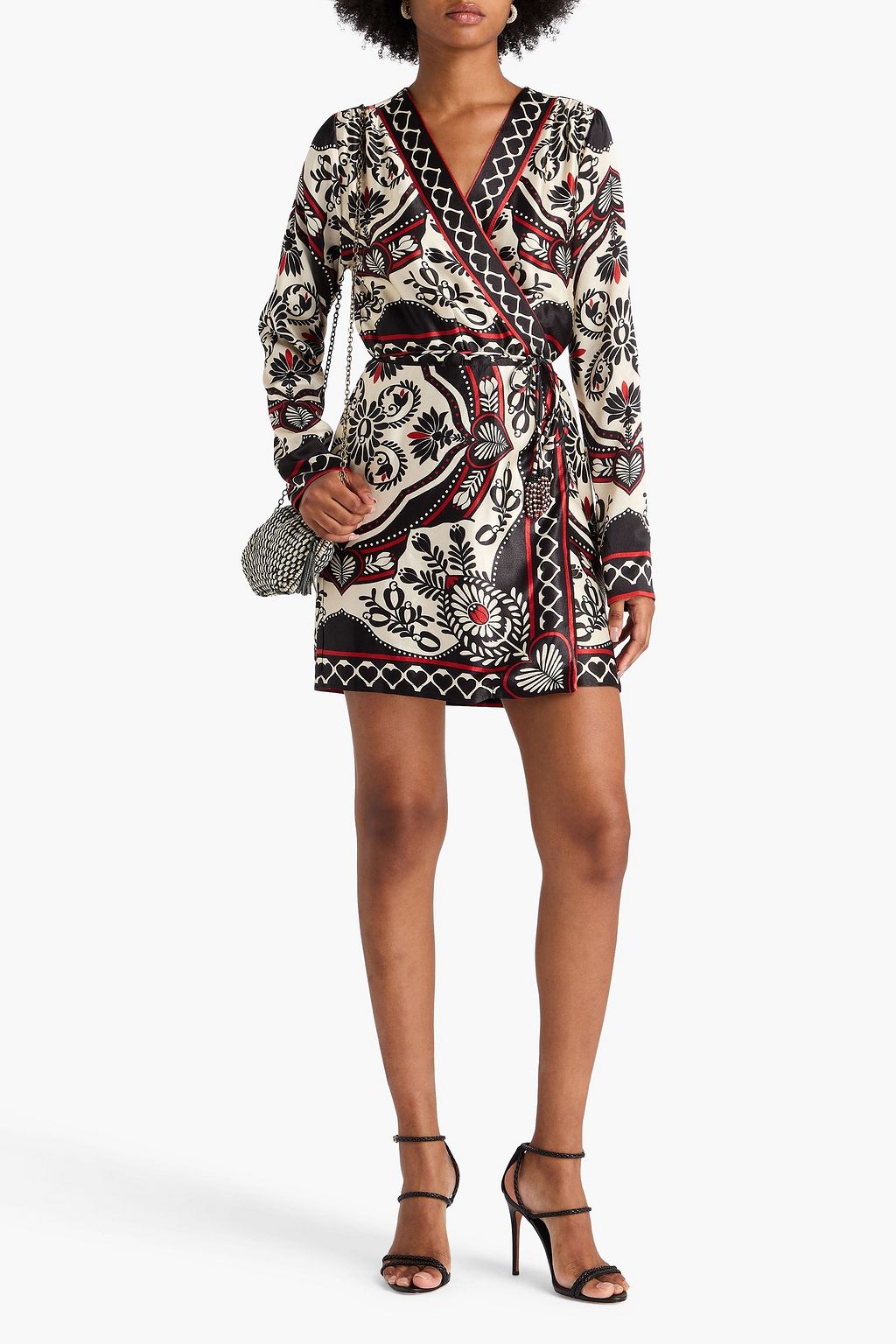 FARM RIO Mini-Wickelkleid aus glänzendem Crêpe mit Print und Zierperlen