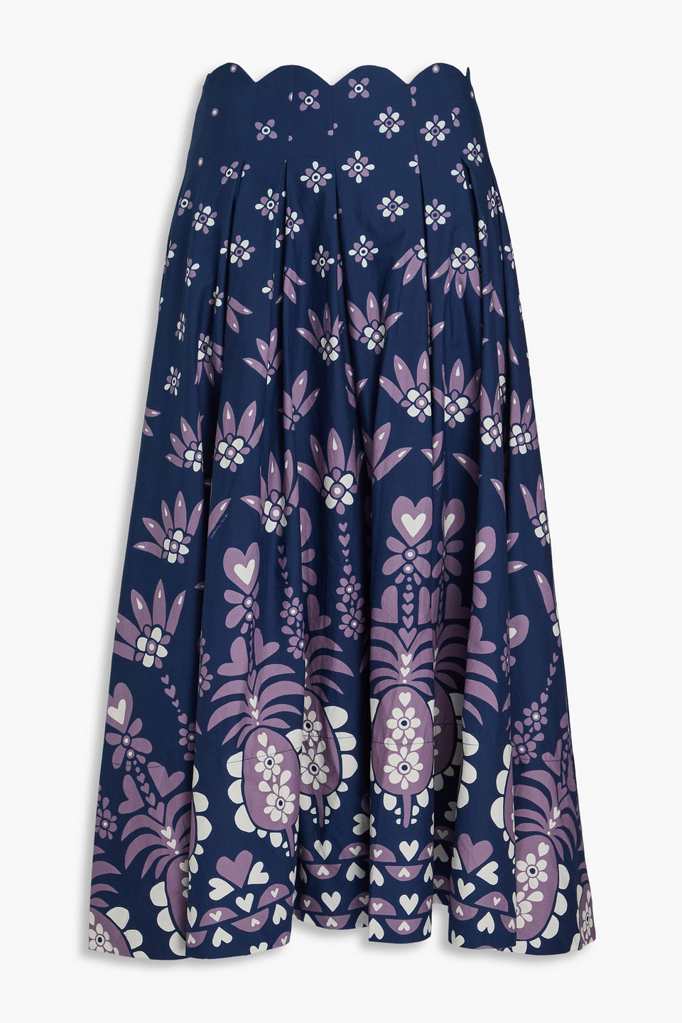 farm rio - pleated printed cotton-poplin midi skirt - blue - xs
