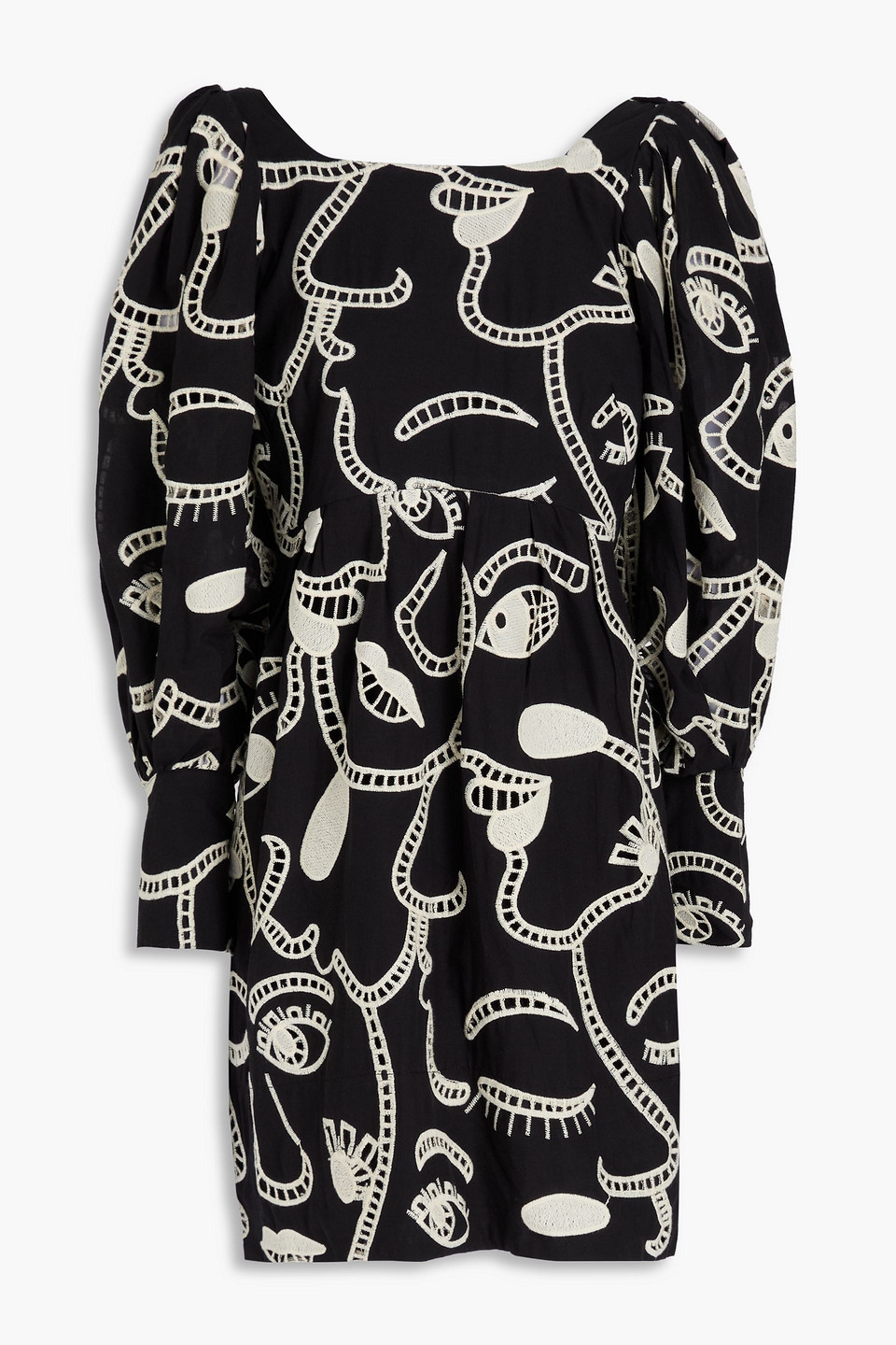 farm rio - embroidered cotton mini dress - black - xs