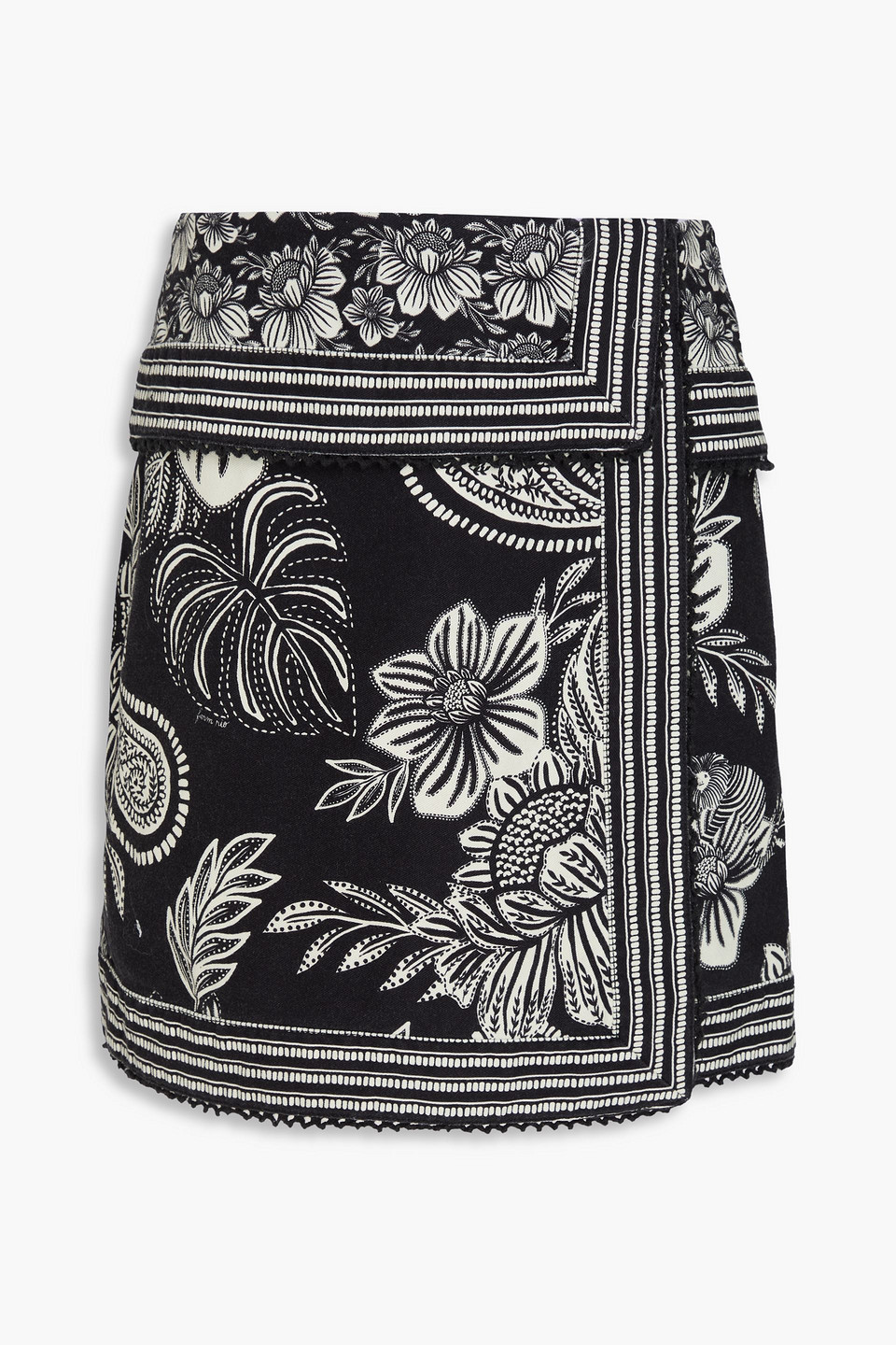 farm rio - wrap-effect embroidered cotton-twill mini skirt - black - 23