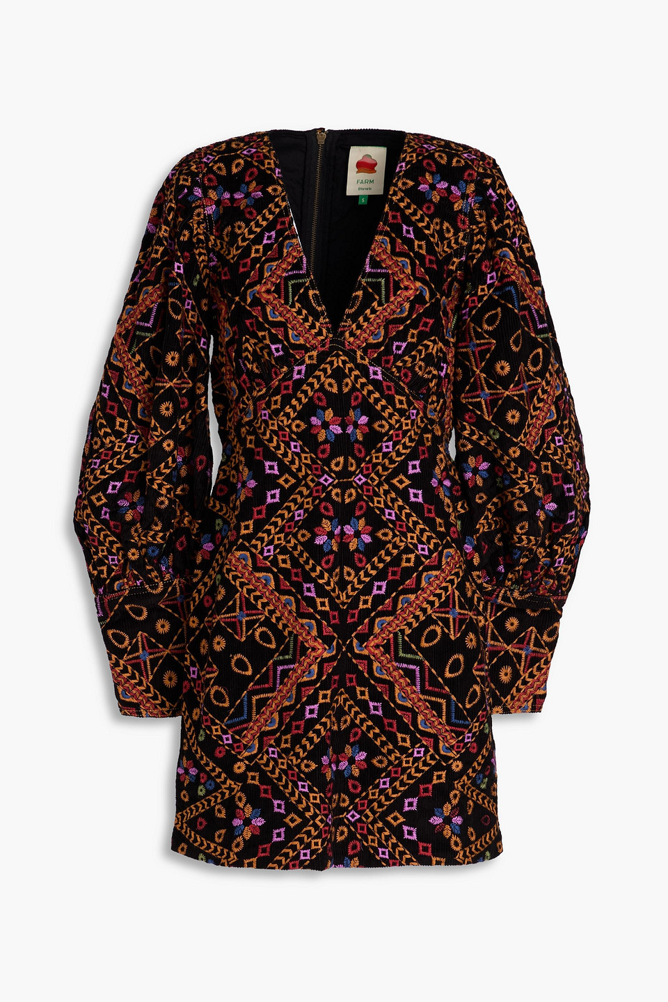 farm rio - embroidered cotton-corduroy mini dress - black - xs