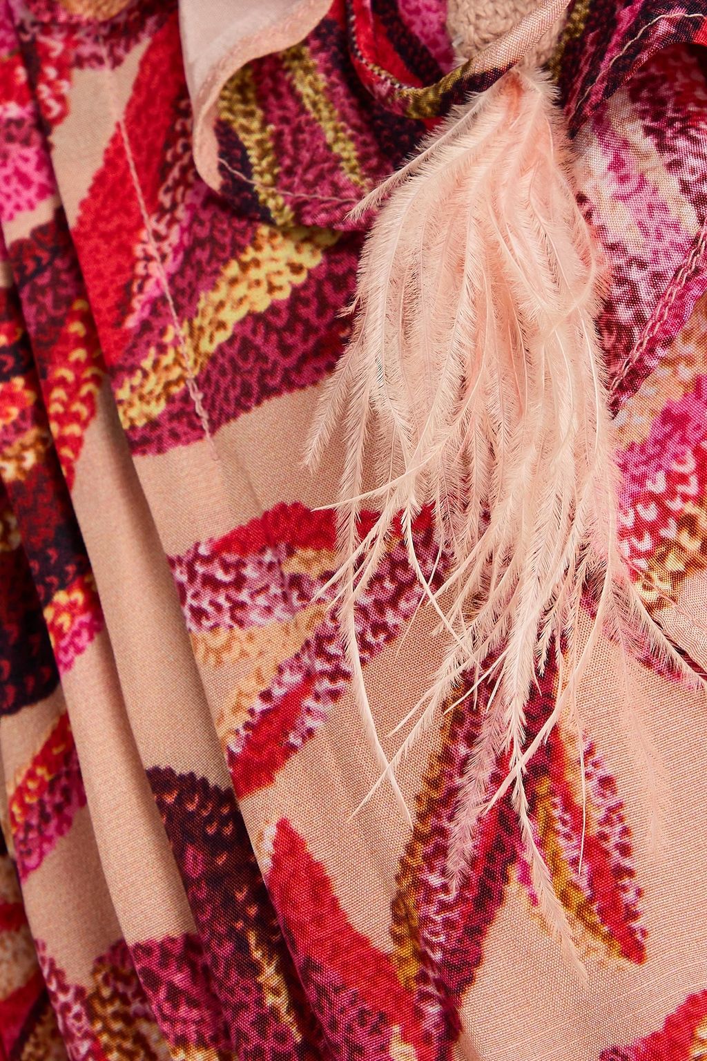 FARM RIO Feather-embellished floral-print satin maxi dress
