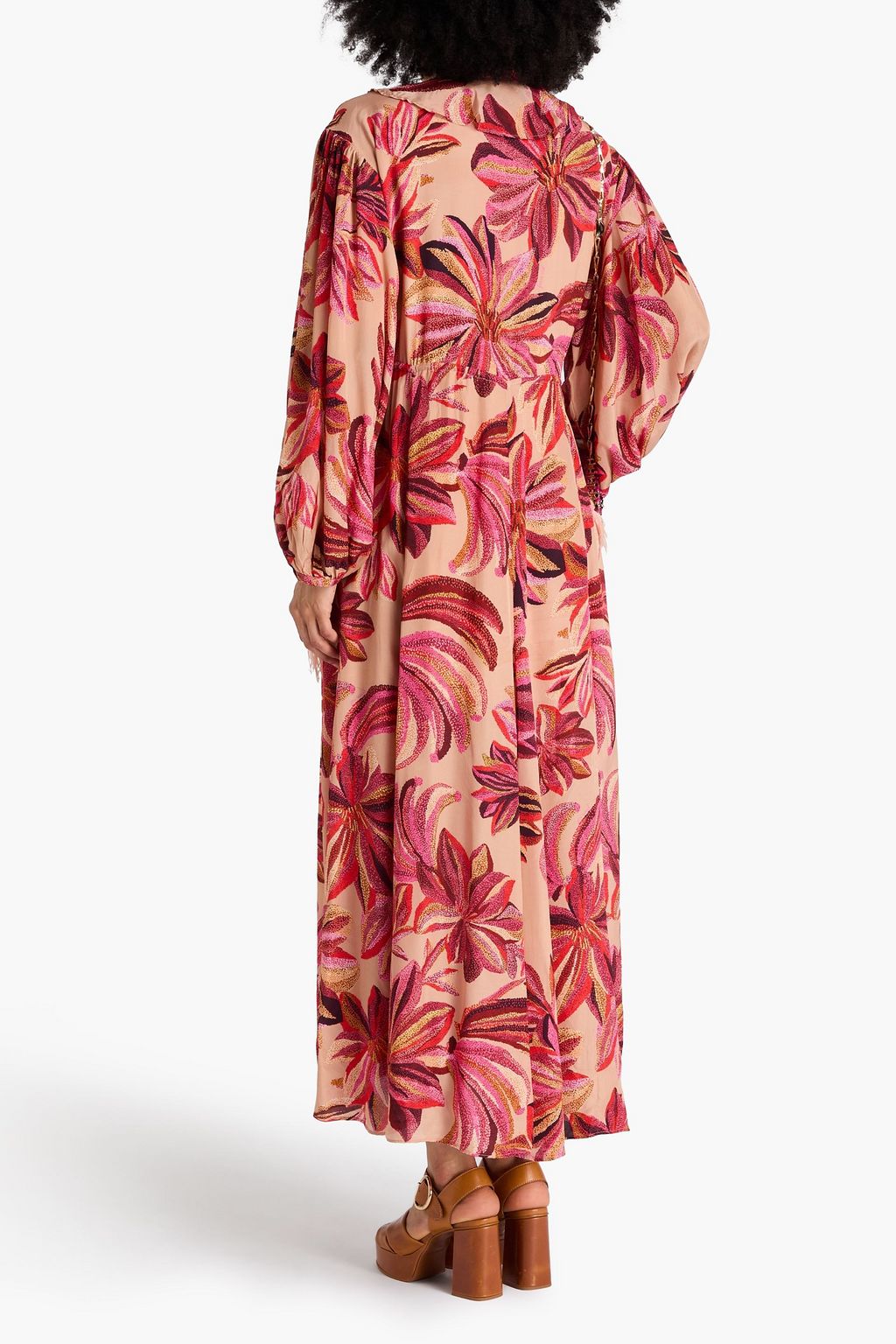 FARM RIO Feather-embellished floral-print satin maxi dress