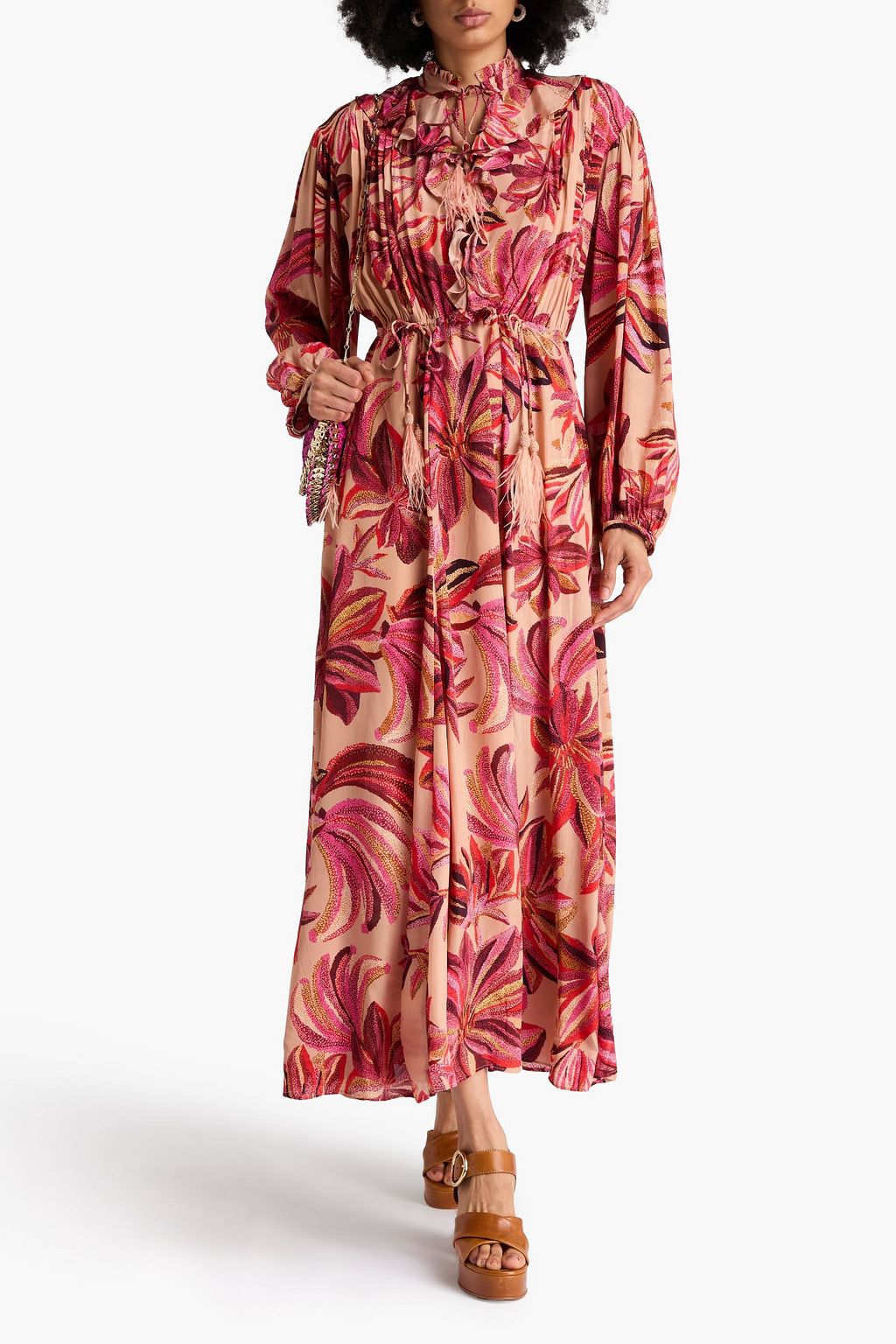 FARM RIO Feather-embellished floral-print satin maxi dress