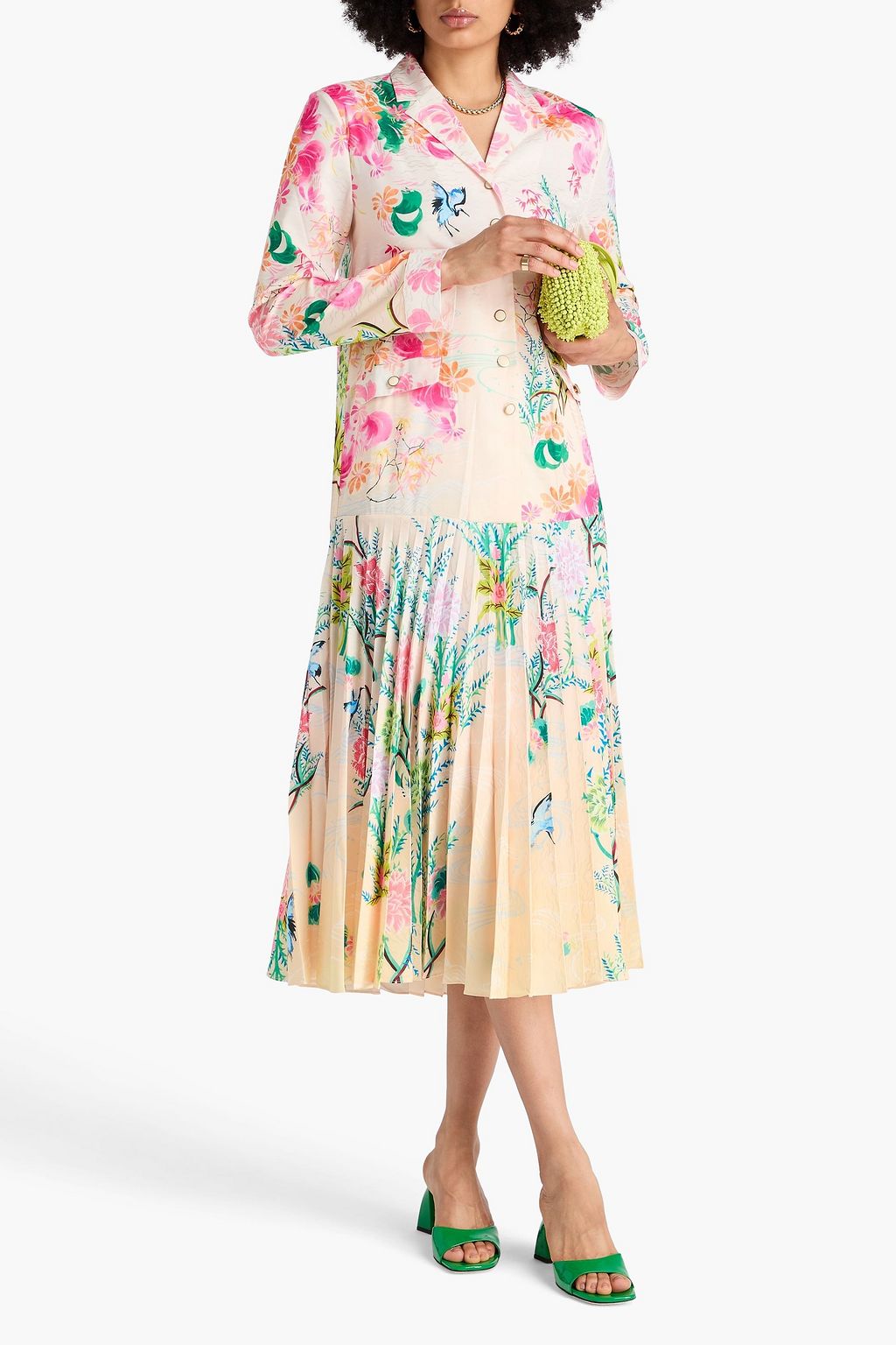 SALONI Sonia pleated printed satin-jacquard midi shirt dress