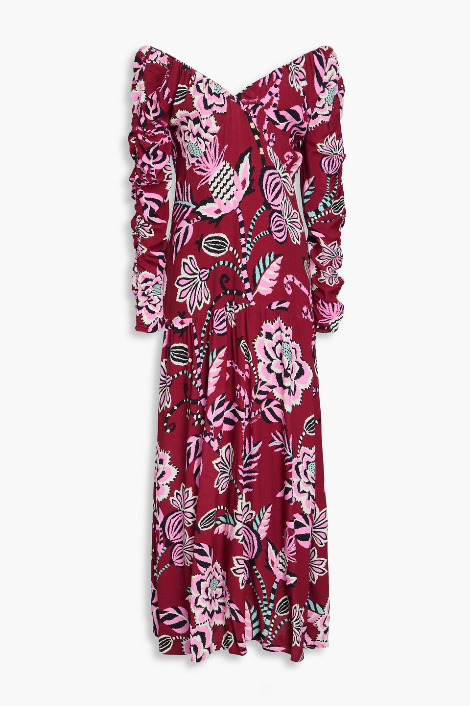 farm rio - floral-print crepe midi dress - burgundy - xxs