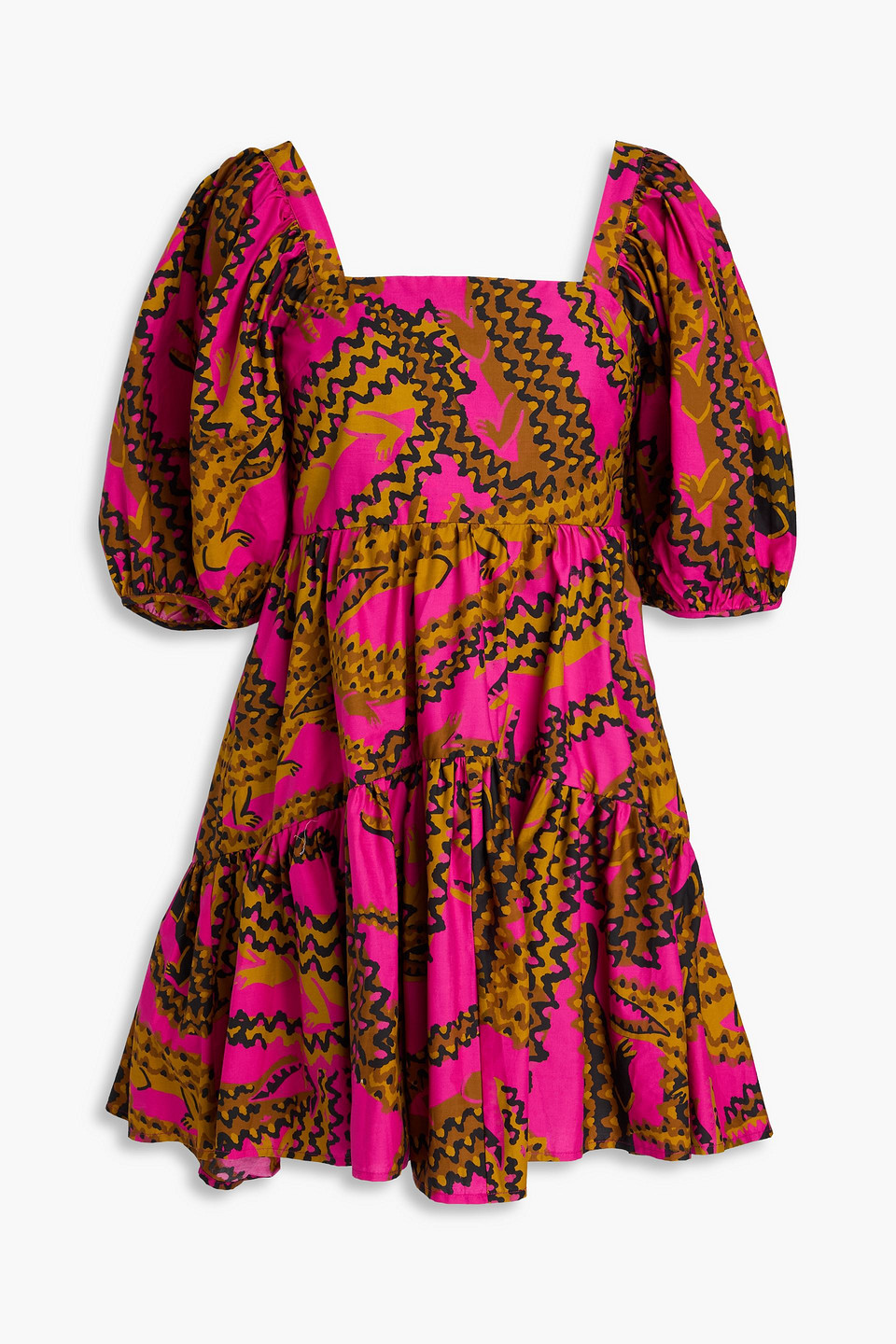 Farm Rio Tiered Printed Cotton-poplin Mini Dress In Pink