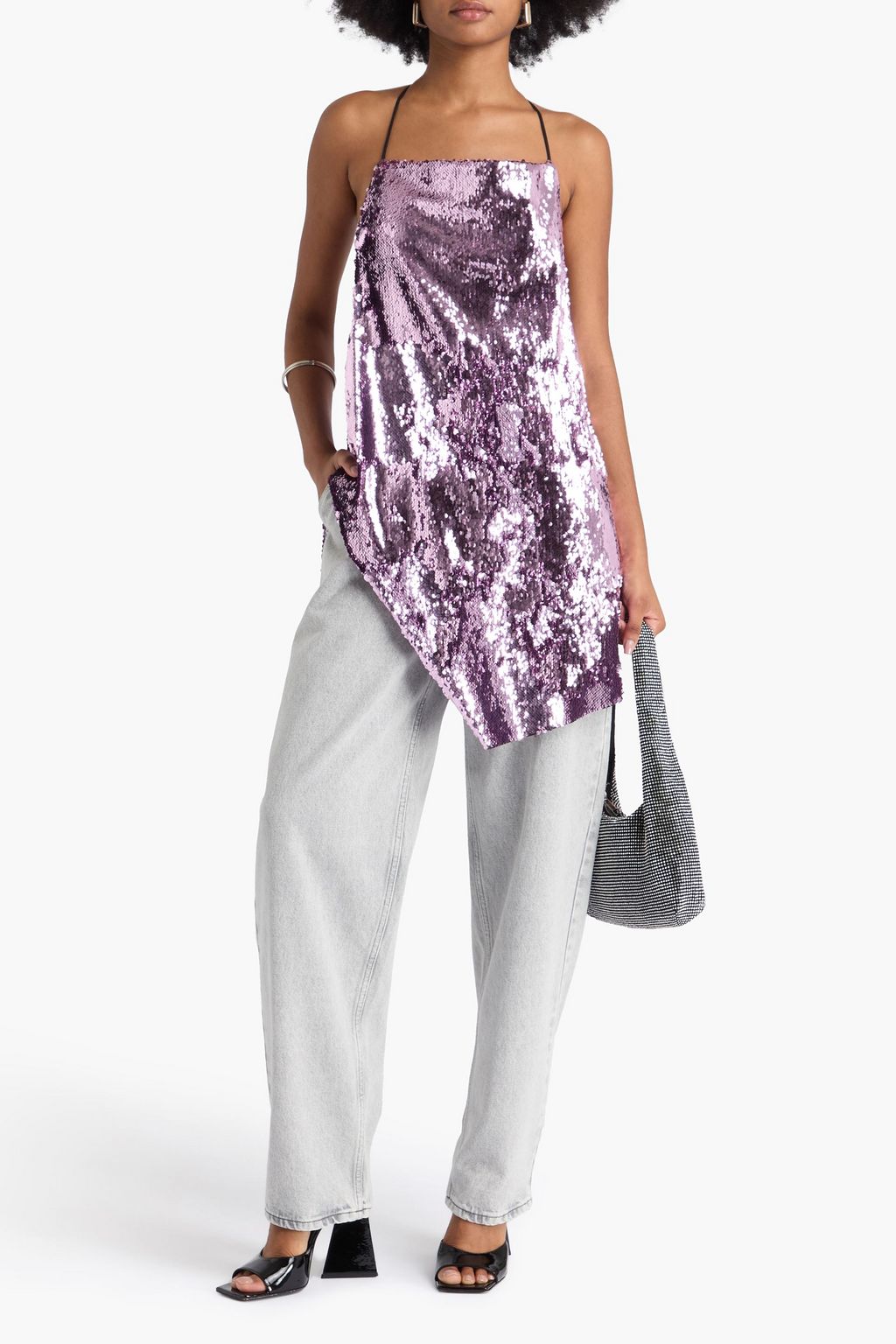 MARQUES' ALMEIDA Asymmetric draped sequined tulle halterneck top