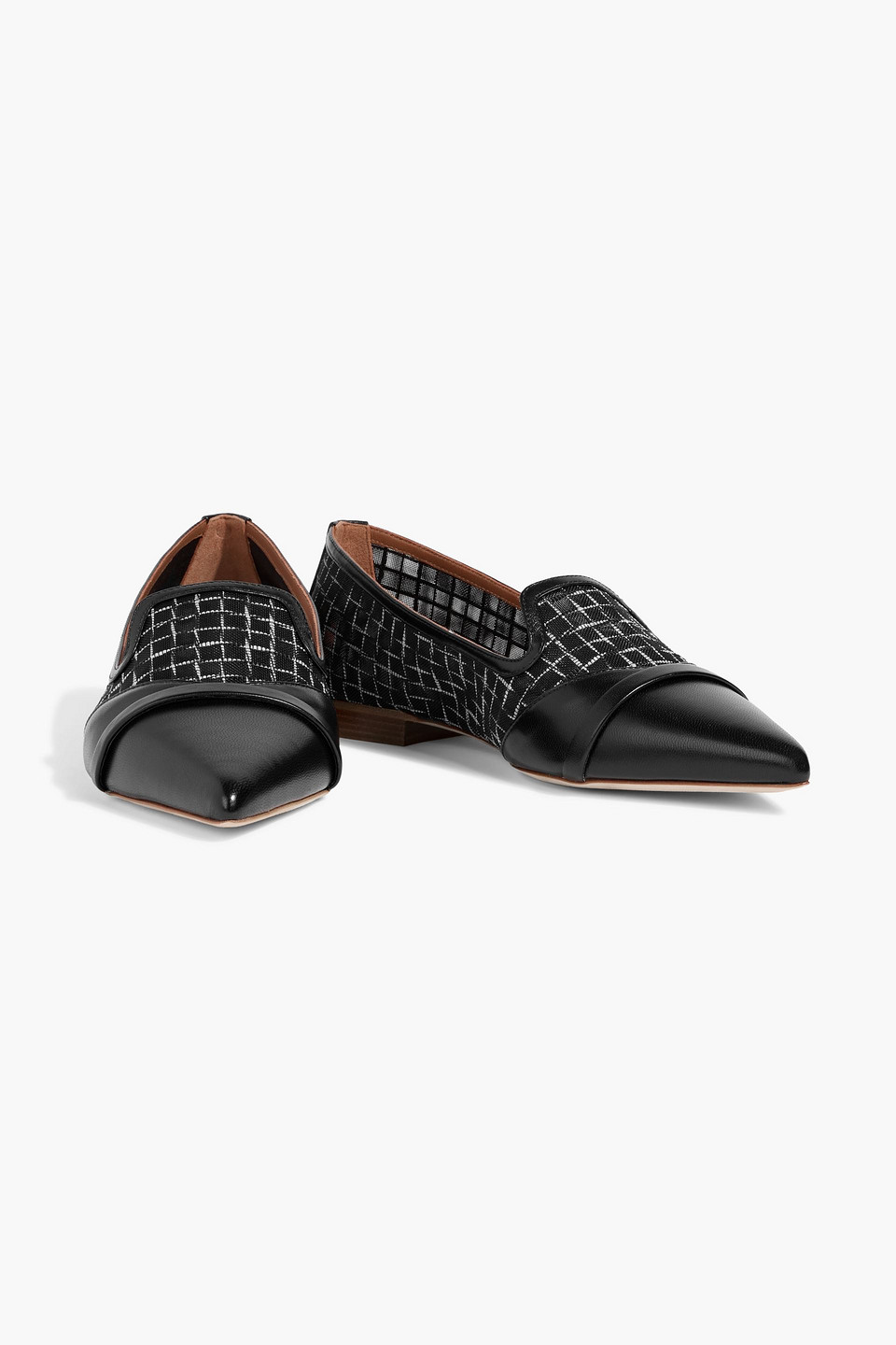 Malone Souliers Romy Embroidered Mesh And Leather Point-toe Flats In Black