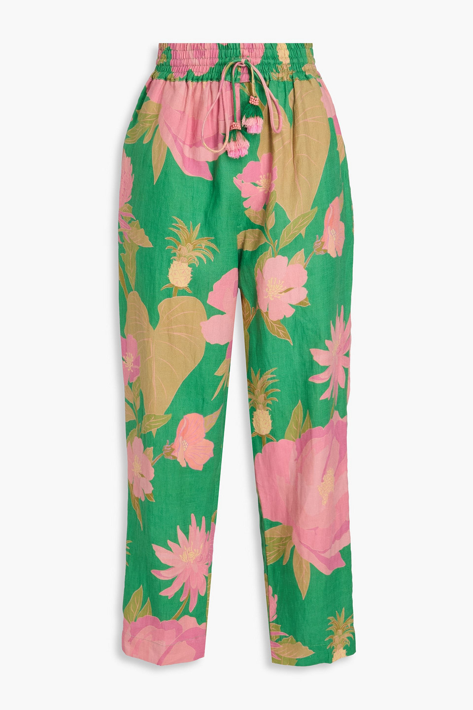 Farm Rio Floral-print Linen Tapered Pants In Green