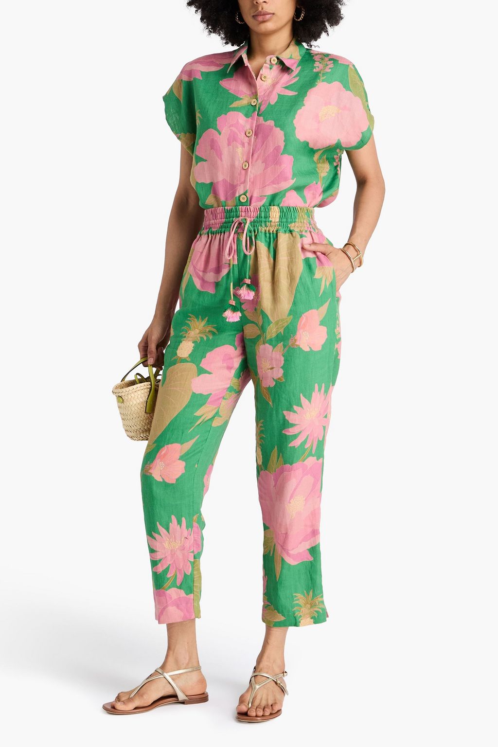 FARM RIO Floral-print linen tapered pants