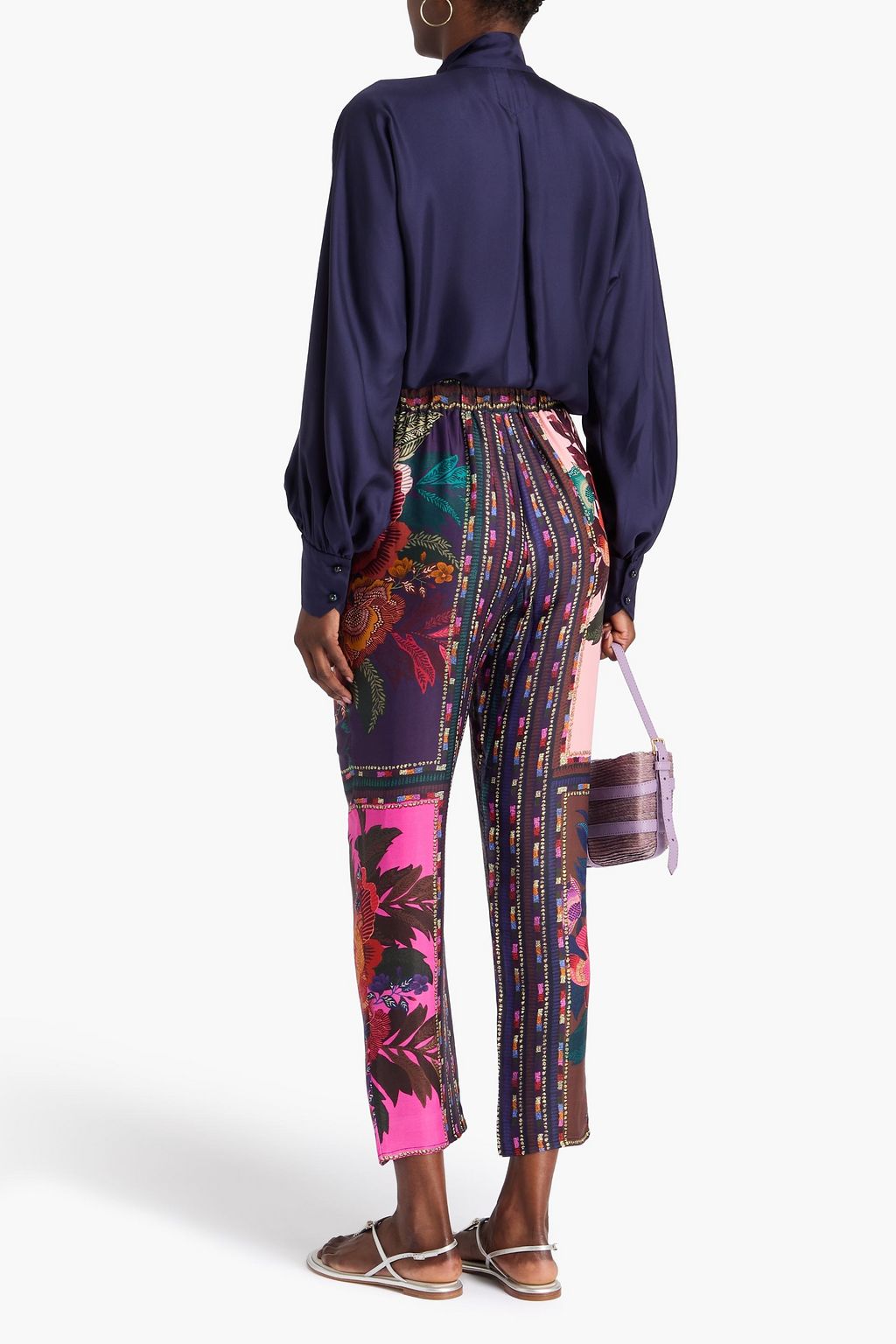 FARM RIO Bead-embellished printed satin tapered pants