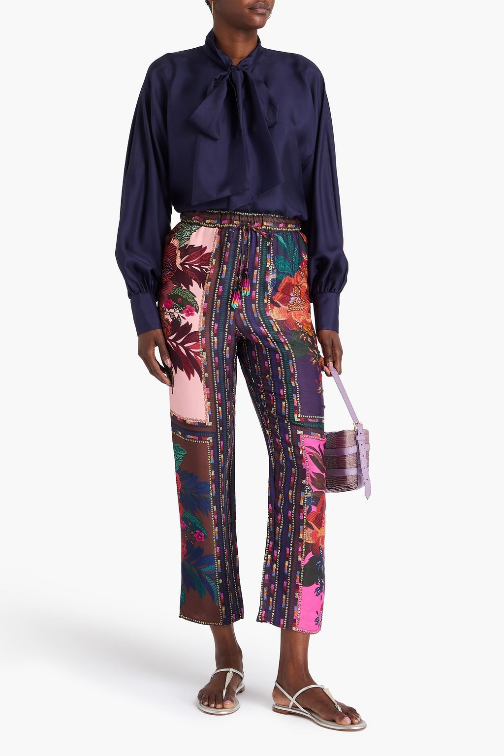 FARM RIO Bead-embellished printed satin tapered pants