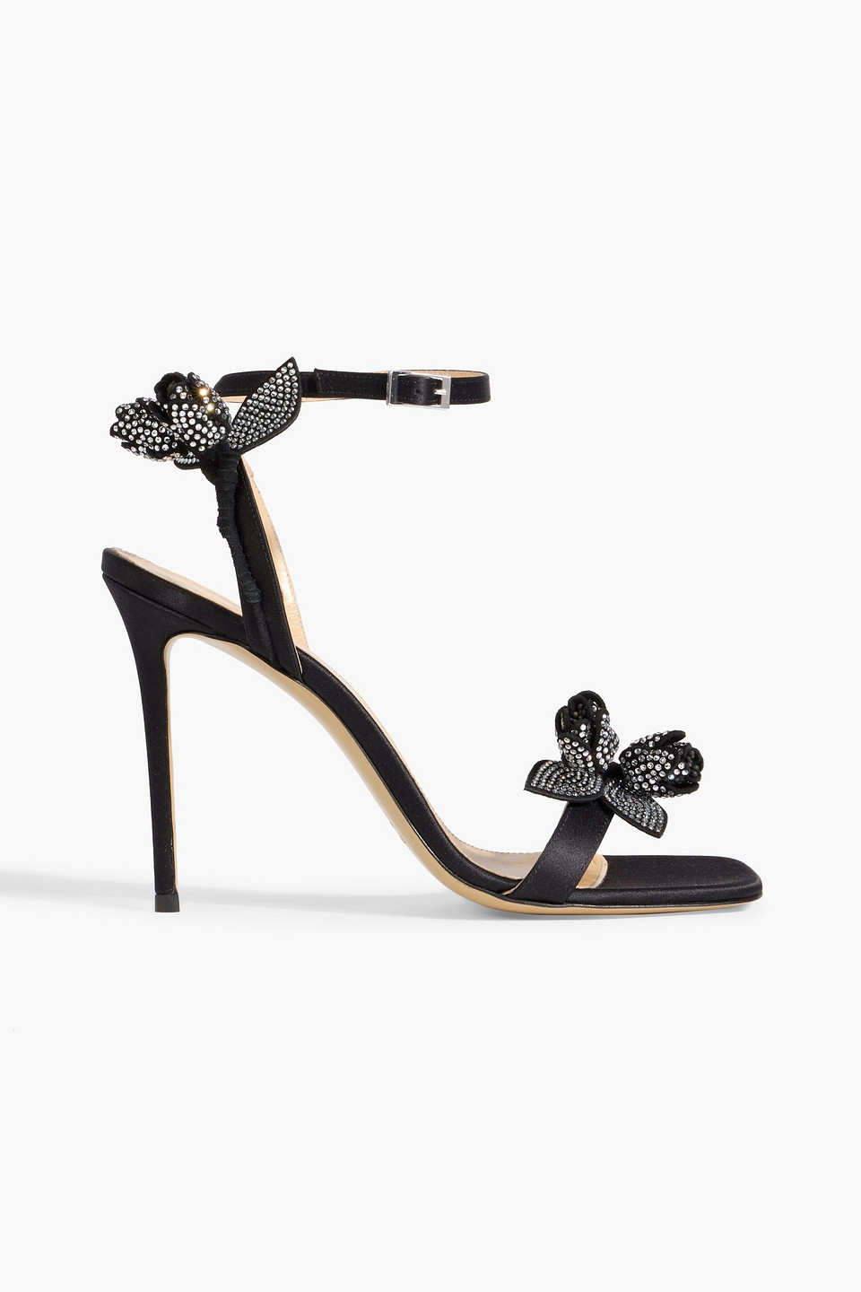Mach&mach Wonder Tulip Floral-appliquéd Satin Sandals In Black