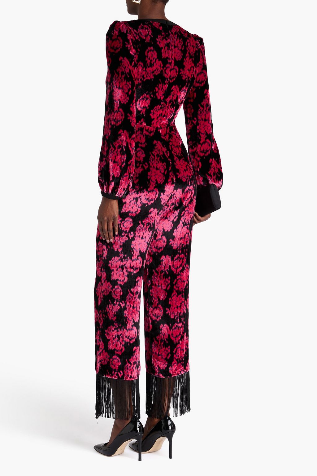 SALONI Fringed embellished printed velvet jumpsuit