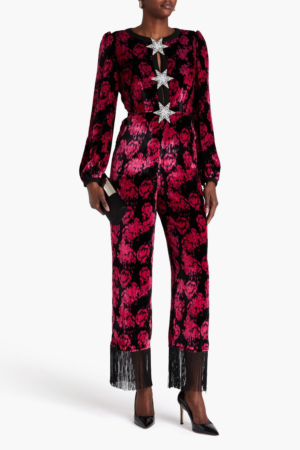 SALONI Fringed embellished printed velvet jumpsuit