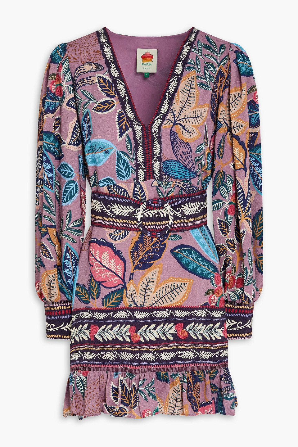farm rio - belted printed crepe mini dress - purple - l