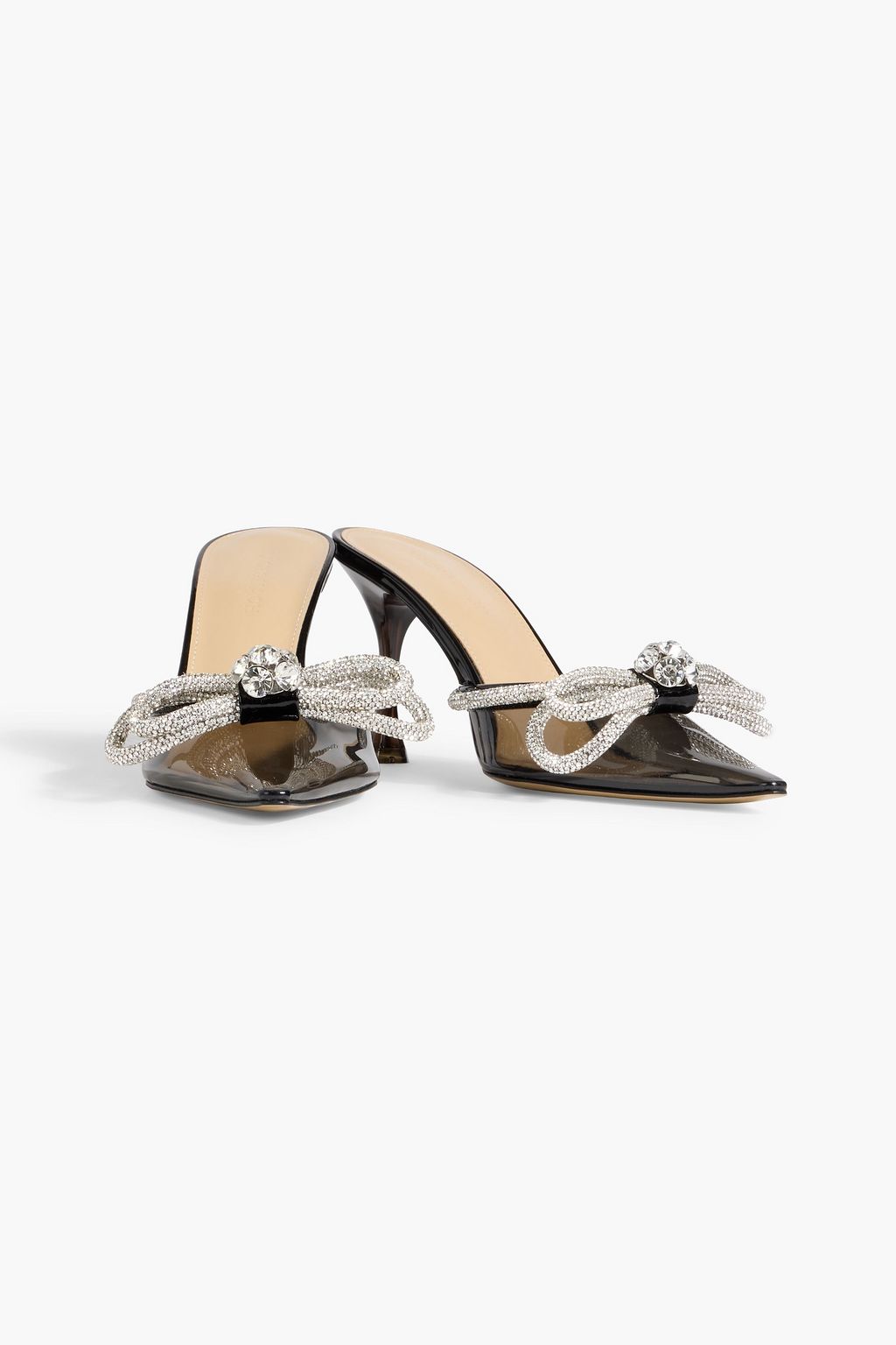 MACH & MACH Double Bow Mules aus PVC und Leder mit Kristallverzierung