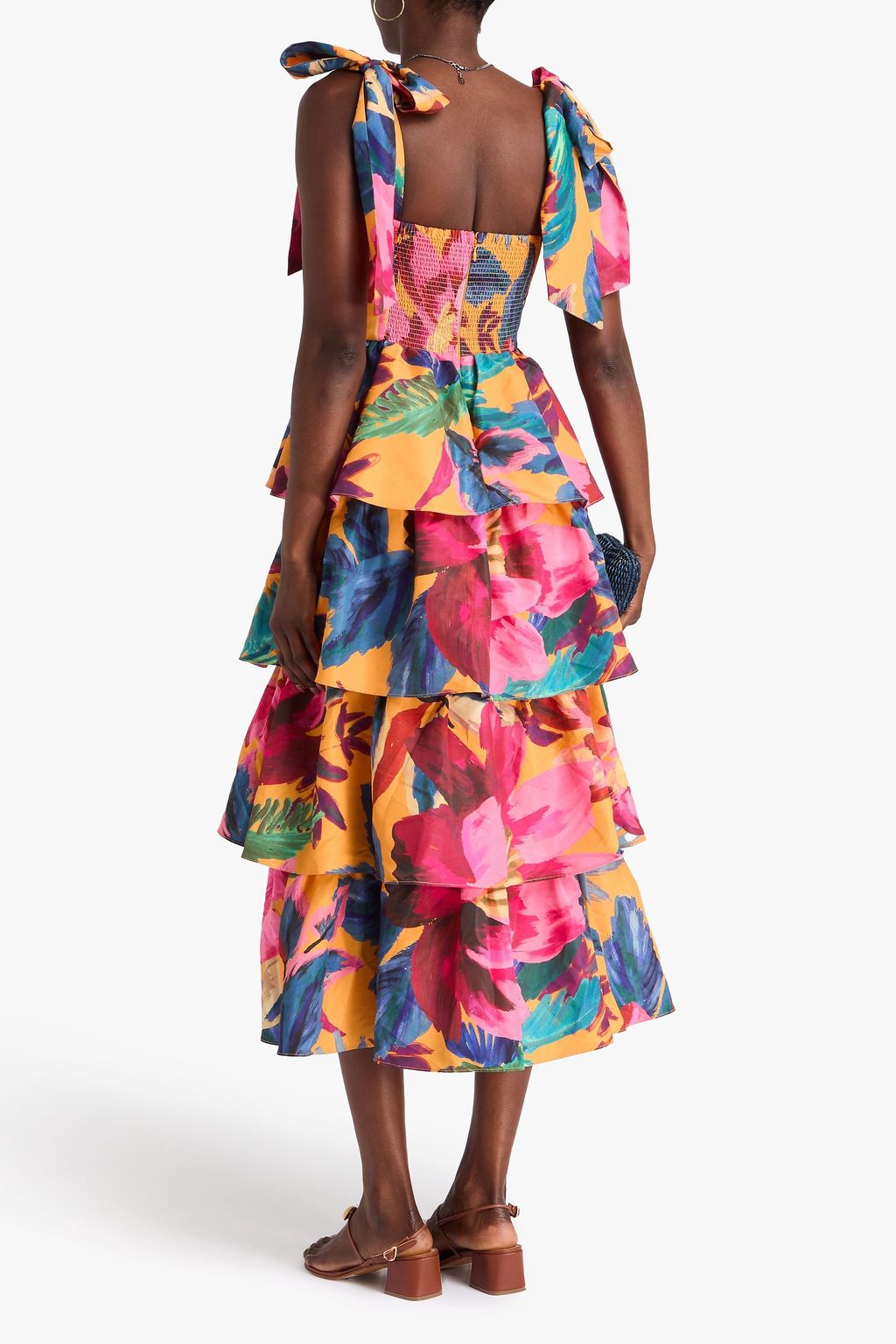 FARM RIO Tiered printed faille midi dress