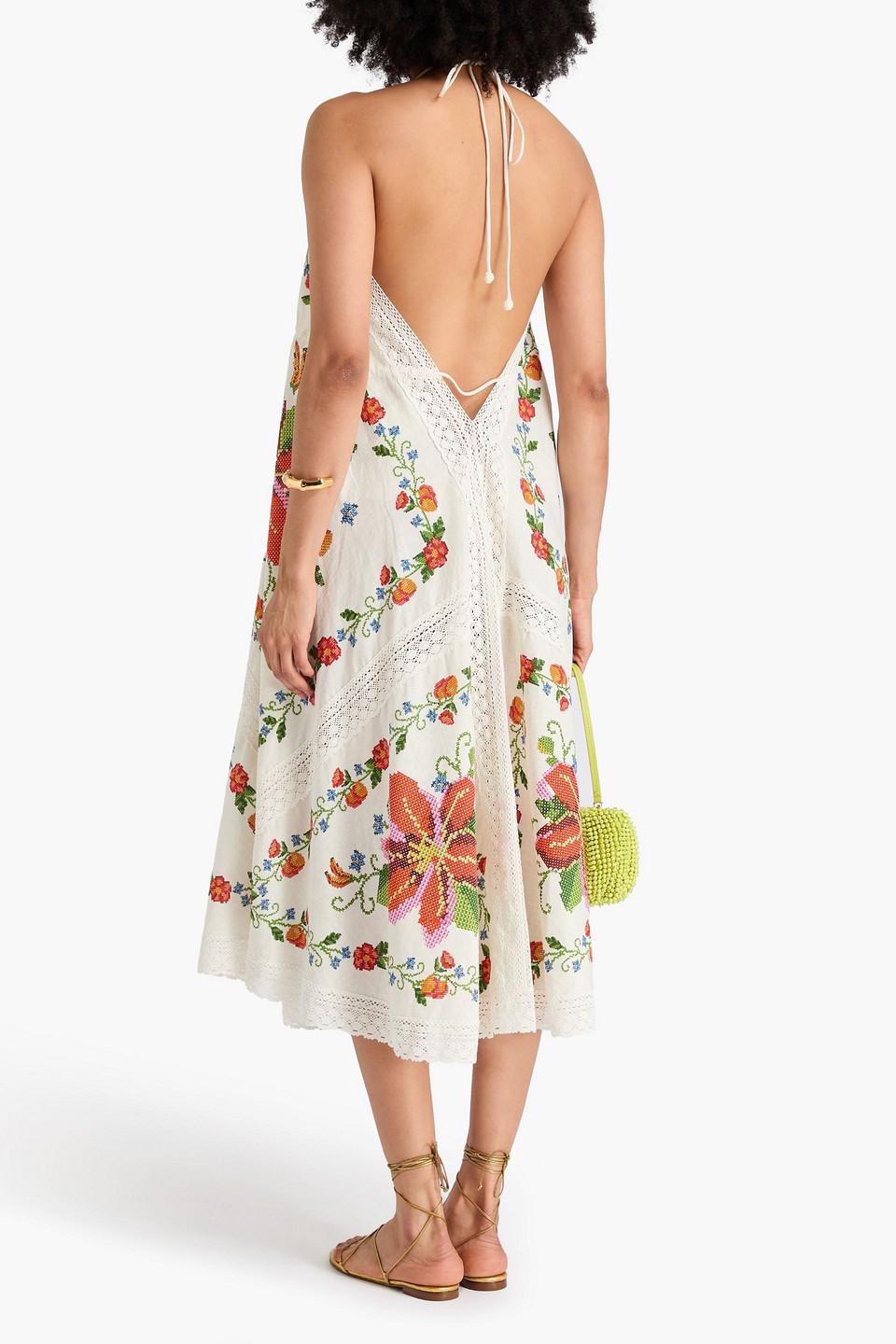  Farm Rio - Neckholder-midikleid Aus Einer Leinenmischung Mit Floralem Print Und Spitzenbesatz - Weiß - Xs 