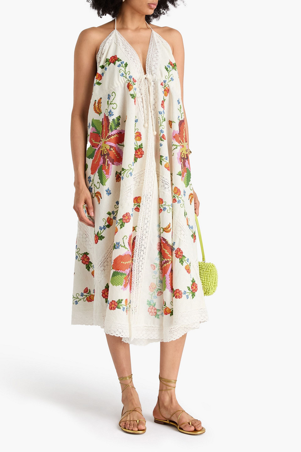  Farm Rio - Neckholder-midikleid Aus Einer Leinenmischung Mit Floralem Print Und Spitzenbesatz - Weiß - Xs 