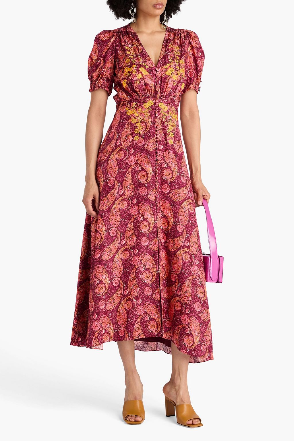 SALONI Maxikleid „Lea“ aus glänzendem Seiden-Jacquard mit Print