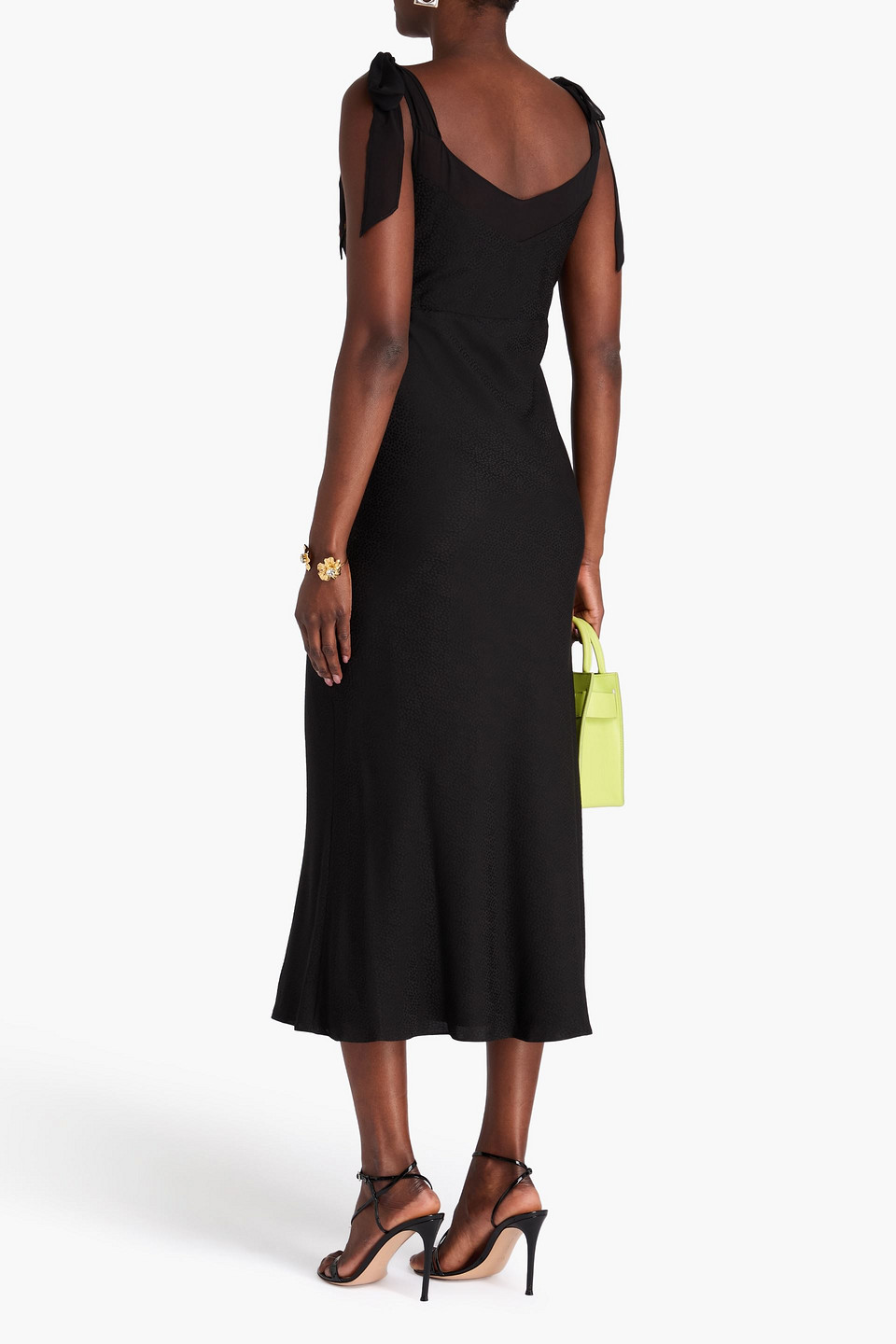 SALONI EMBROIDERED SILK-SATIN JACQUARD MIDI DRESS