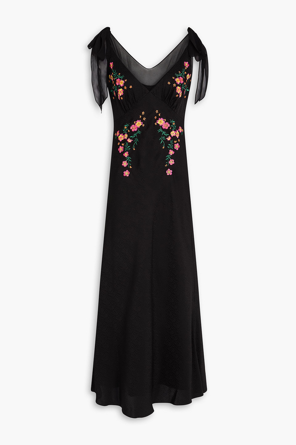SALONI EMBROIDERED SILK-SATIN JACQUARD MIDI DRESS