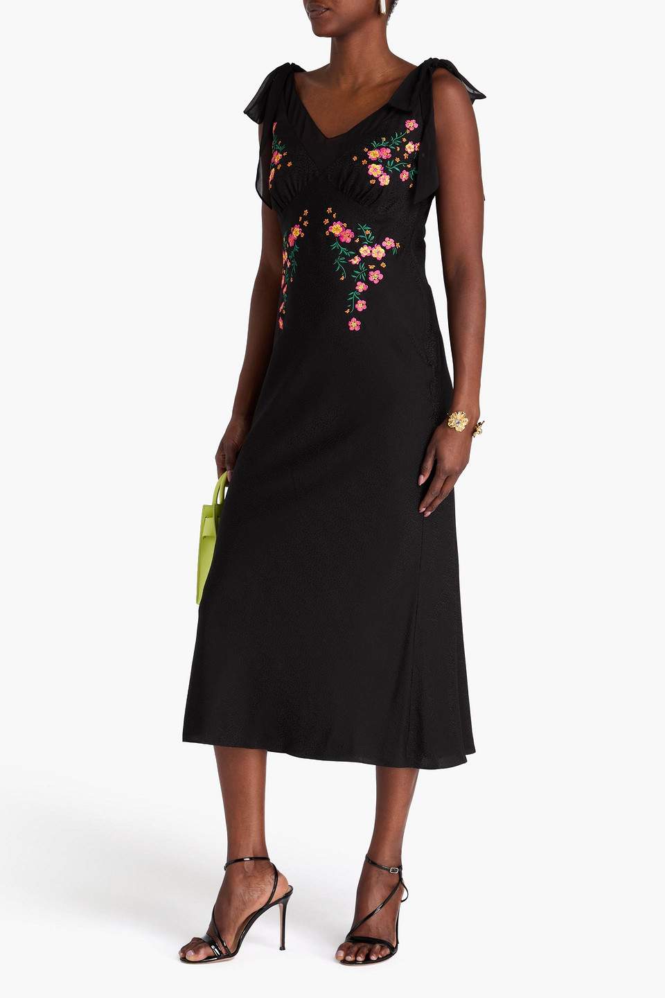 SALONI EMBROIDERED SILK-SATIN JACQUARD MIDI DRESS