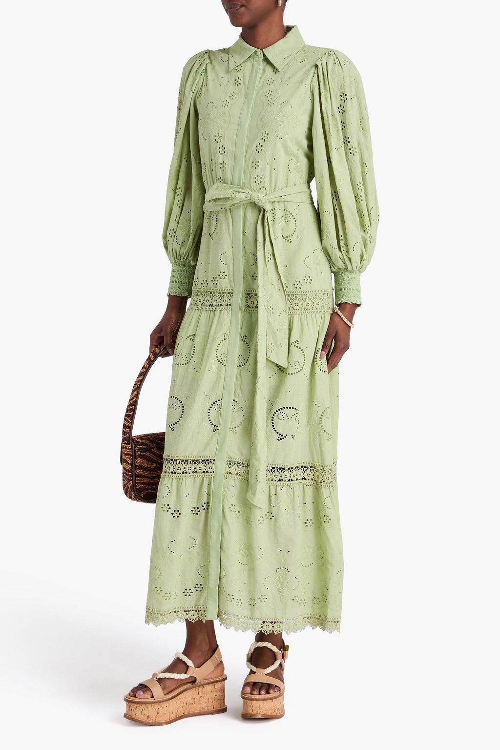 ALICE + OLIVIA فستان لي لي طويل على شكل قميص من القطن بتطريز إنجليزي