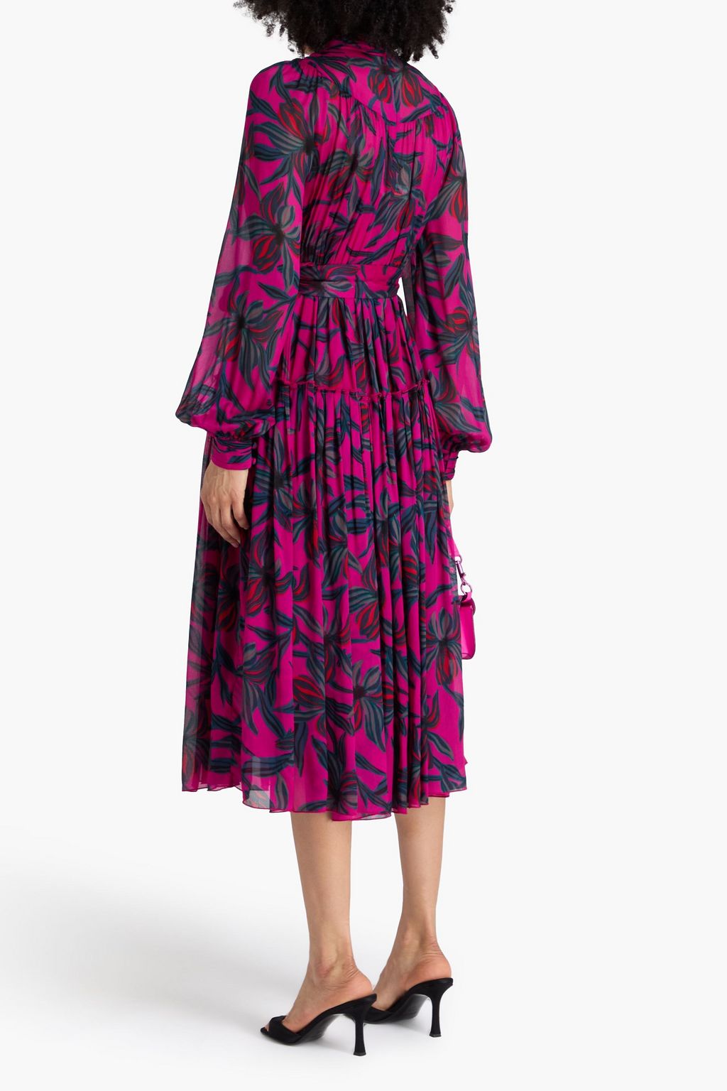 DIANE VON FURSTENBERG クレープデシン ミディワンピース プリーツ&プリント入り
