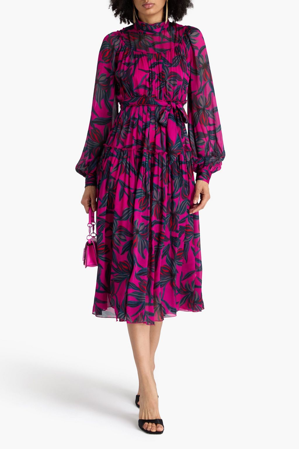 DIANE VON FURSTENBERG クレープデシン ミディワンピース プリーツ&プリント入り