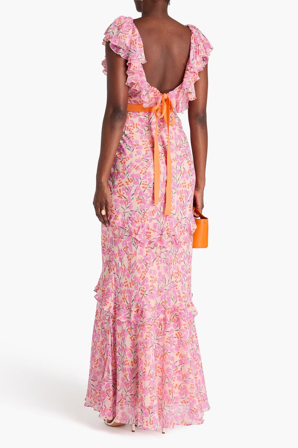 SALONI シルクジョーゼット マキシワンピース ラッフル付き フローラルプリント