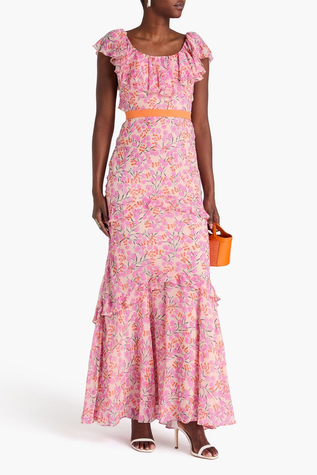SALONI シルクジョーゼット マキシワンピース ラッフル付き フローラルプリント
