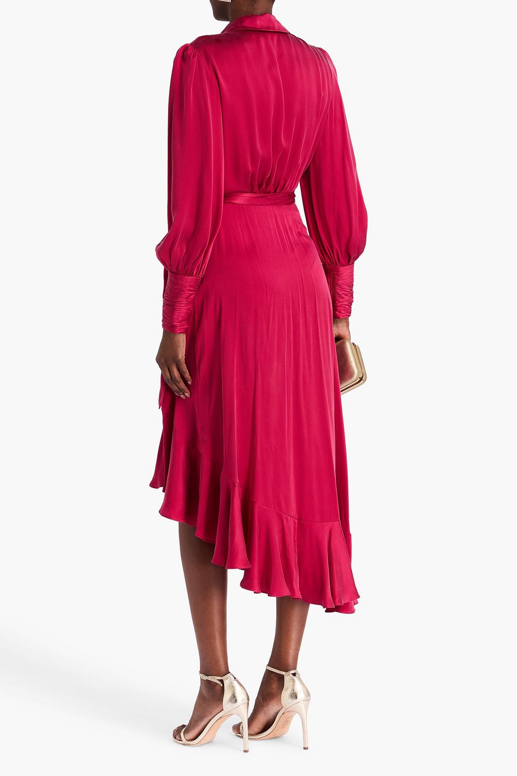 ZIMMERMANN فستان متوسط الطول مصنوع من حرير ساتان بتصميم ملتف ومزين بكشاكش