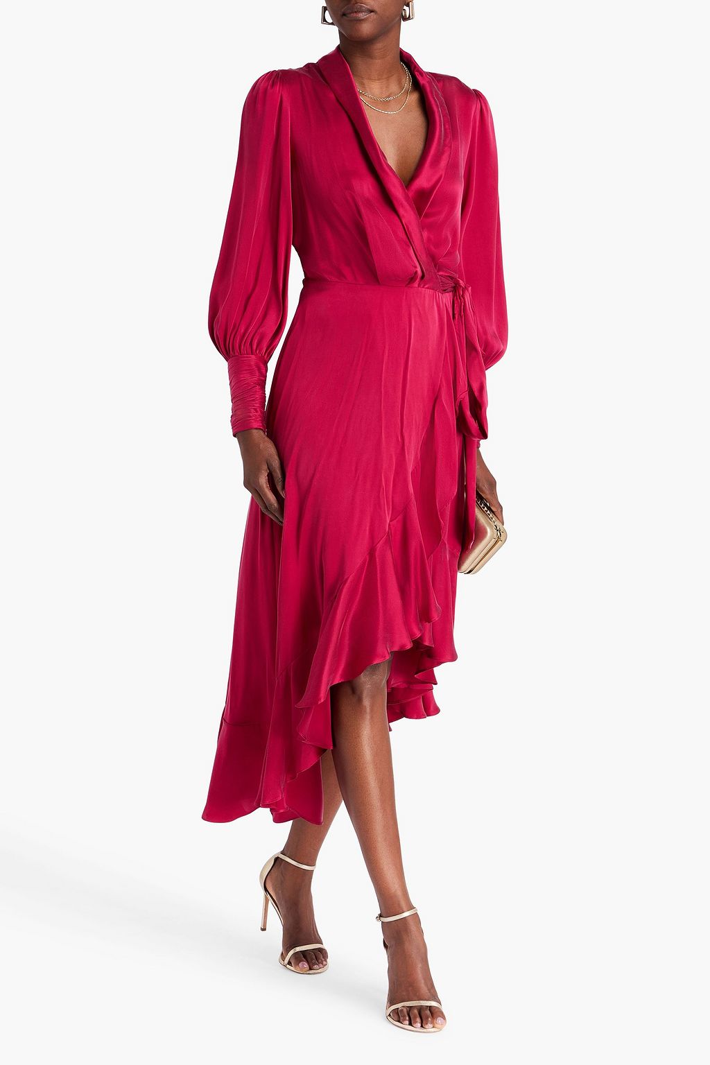 ZIMMERMANN فستان متوسط الطول مصنوع من حرير ساتان بتصميم ملتف ومزين بكشاكش