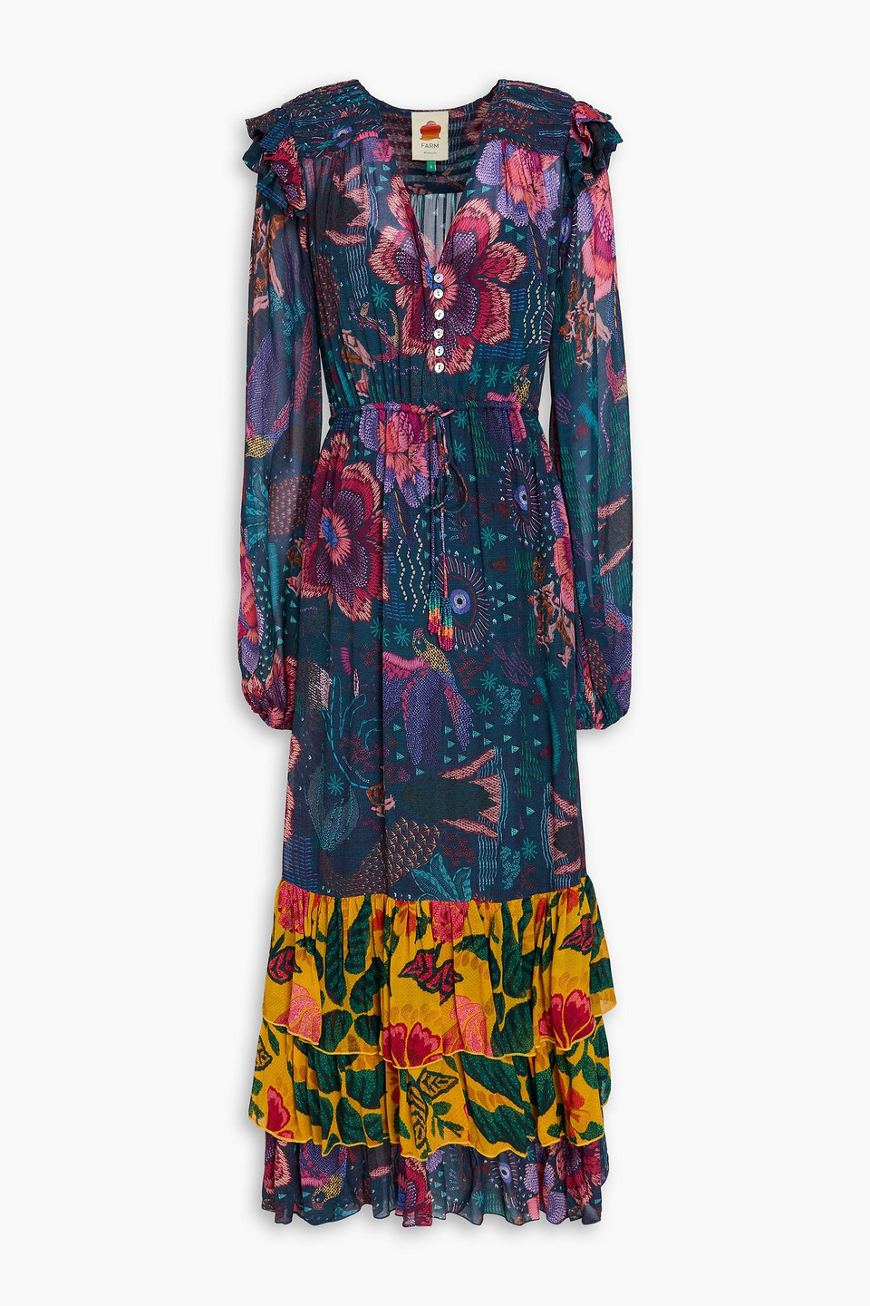 chinese dress ladies Farm Rio Ruffled printed georgette maxi dress – Augusthouseofbrands