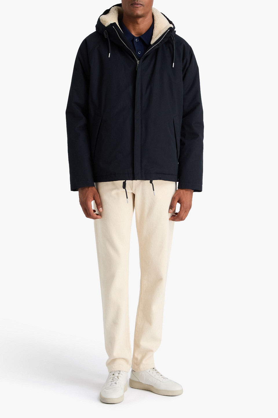 SANDRO SHEARLING-TRIMMED COTTON HOODED PARKA