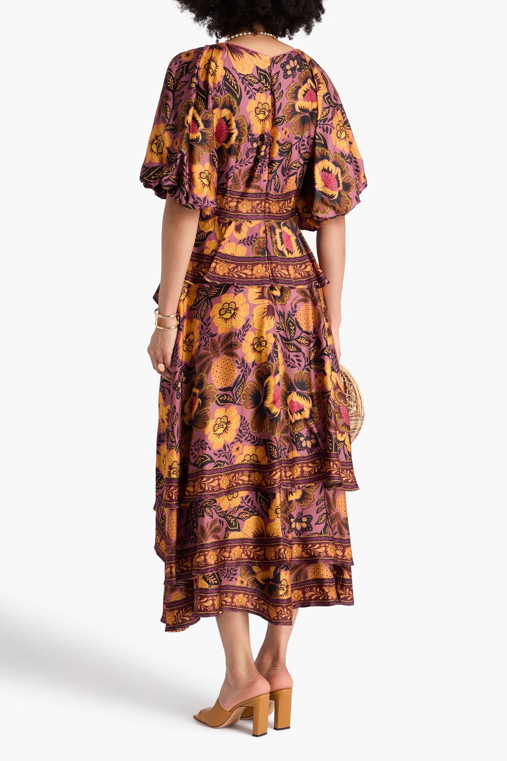 FARM RIO Gestuftes Midikleid aus glänzendem Twill mit floralem Print