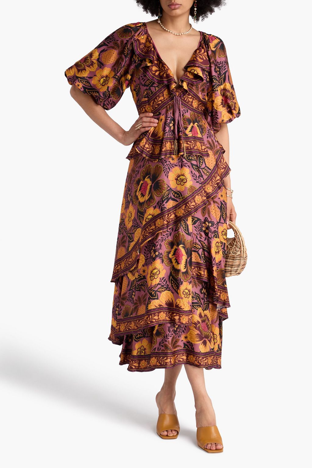 FARM RIO Gestuftes Midikleid aus glänzendem Twill mit floralem Print