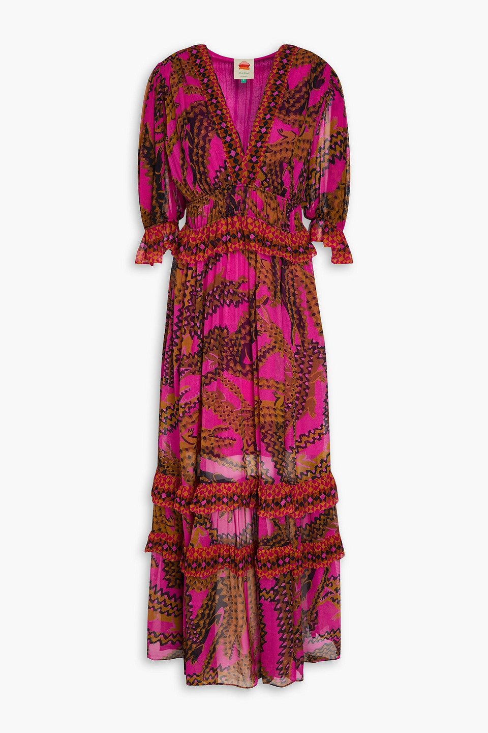 farm rio - ruffled printed georgette maxi dress - pink - s